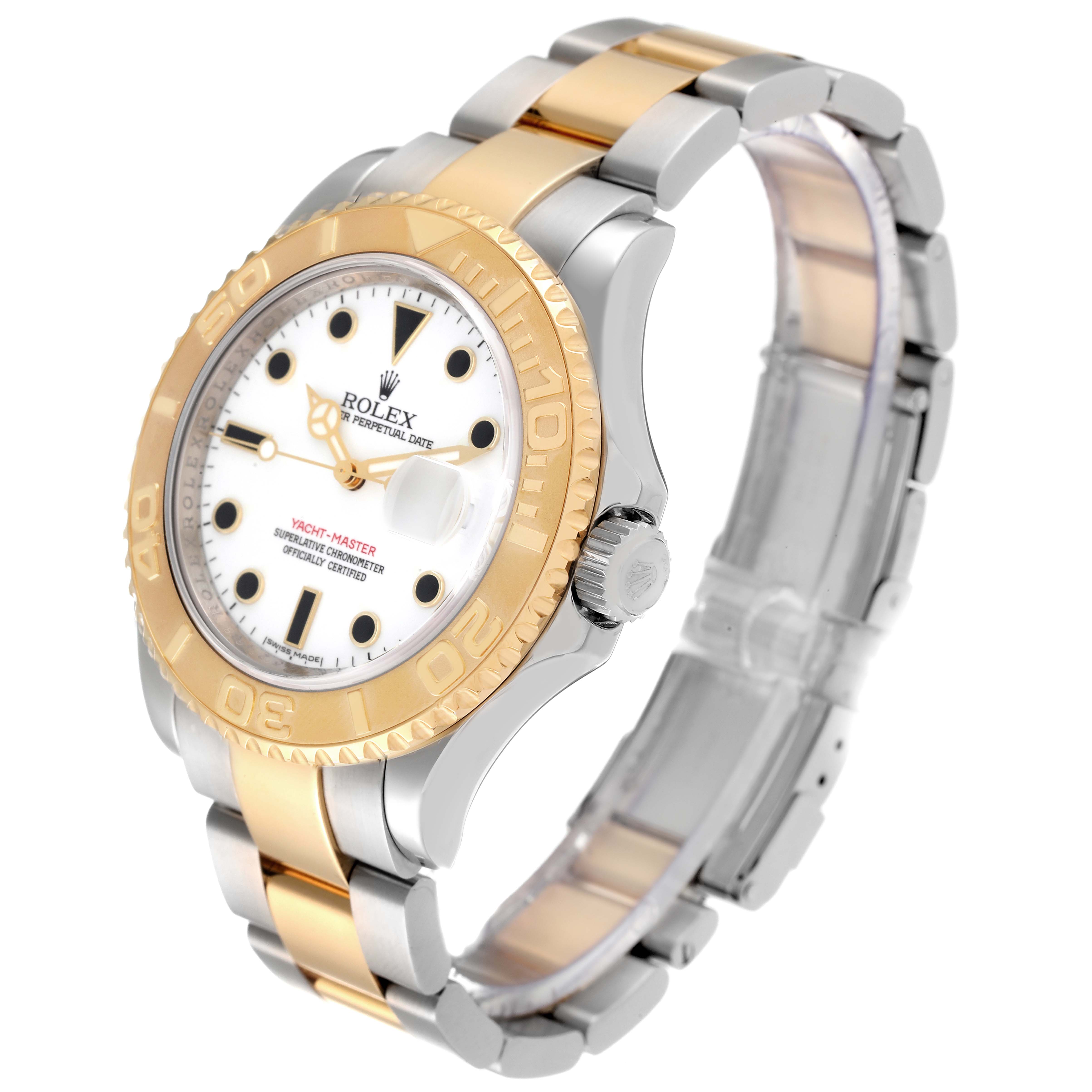 The image shows a Rolex Yacht-Master 16623 Men
s Steel and Gold (two tone) White Dial 16623 Men
s Steel and Gold (two tone) White Dial watch at a three-quarter angle, highlighting the dial, bezel, and bracelet.