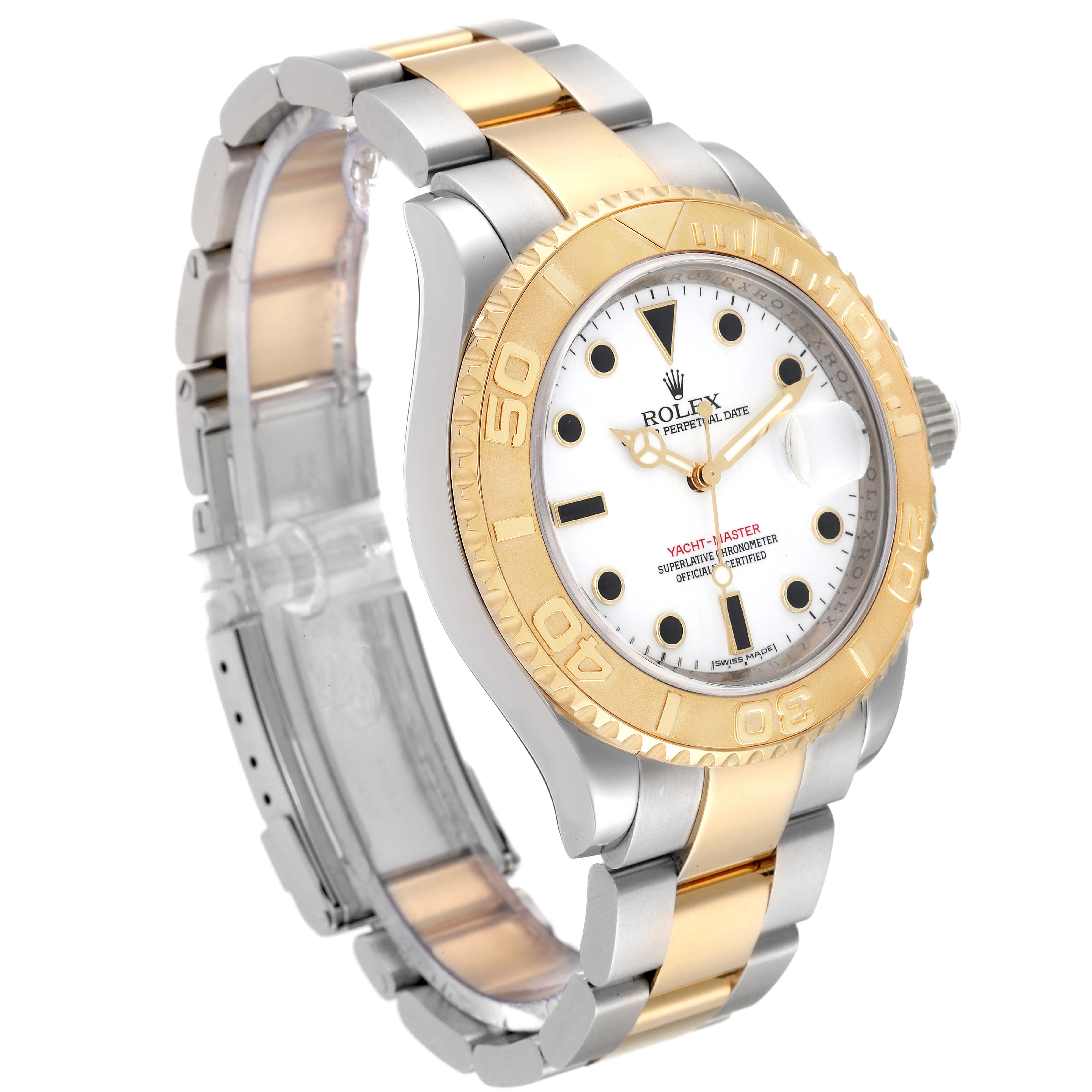 The image shows a Rolex Yacht-Master 16623 Men
s Steel and Gold (two tone) White Dial 16623 Men
s Steel and Gold (two tone) White Dial watch at a slight angle, highlighting its gold bezel, white dial, and two-tone bracelet.