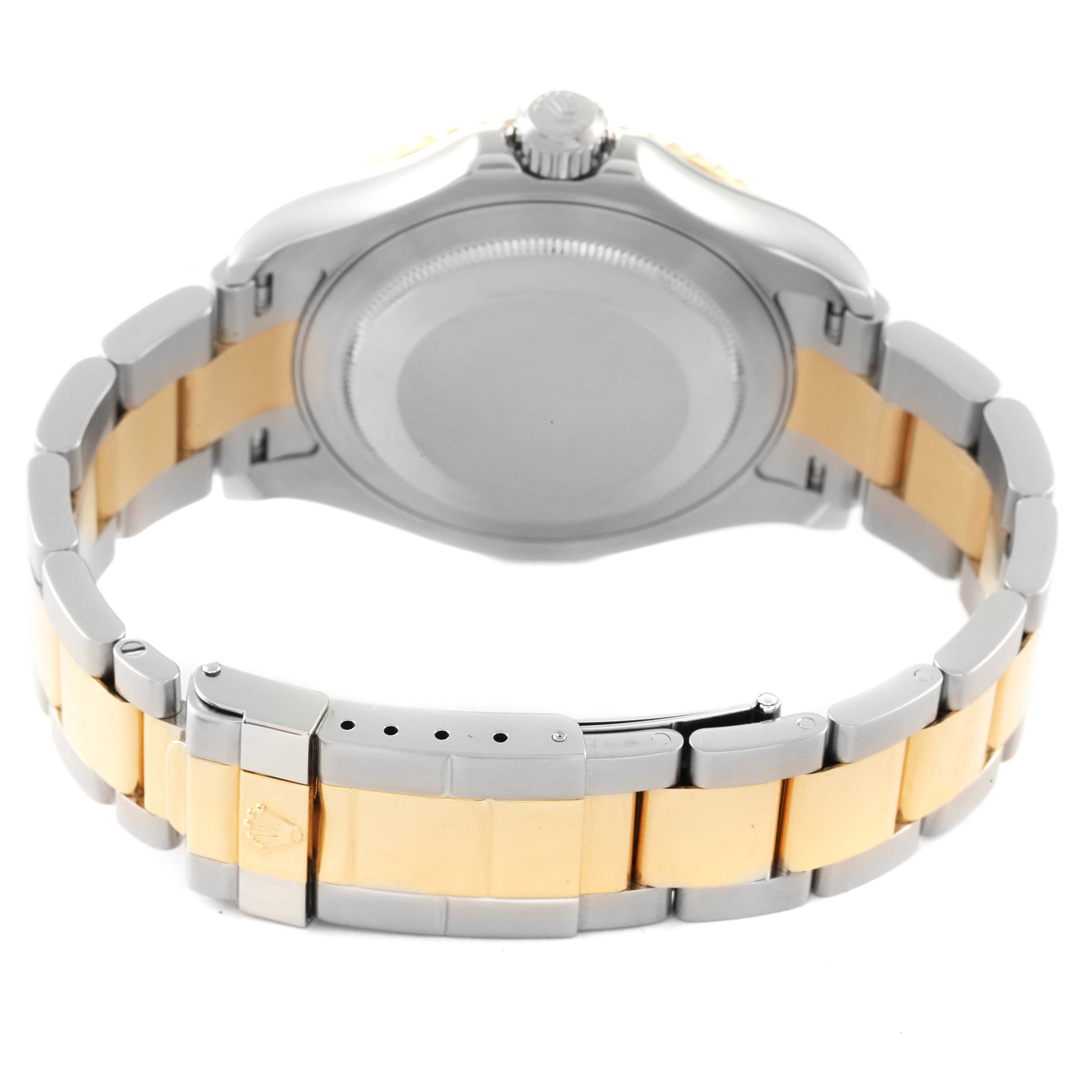 The image shows the back case and bracelet of a Rolex Yacht-Master 16623 Men
s Steel and Gold (two tone) White Dial 16623 Men
s Steel and Gold (two tone) White Dial watch with a two-tone metal design.