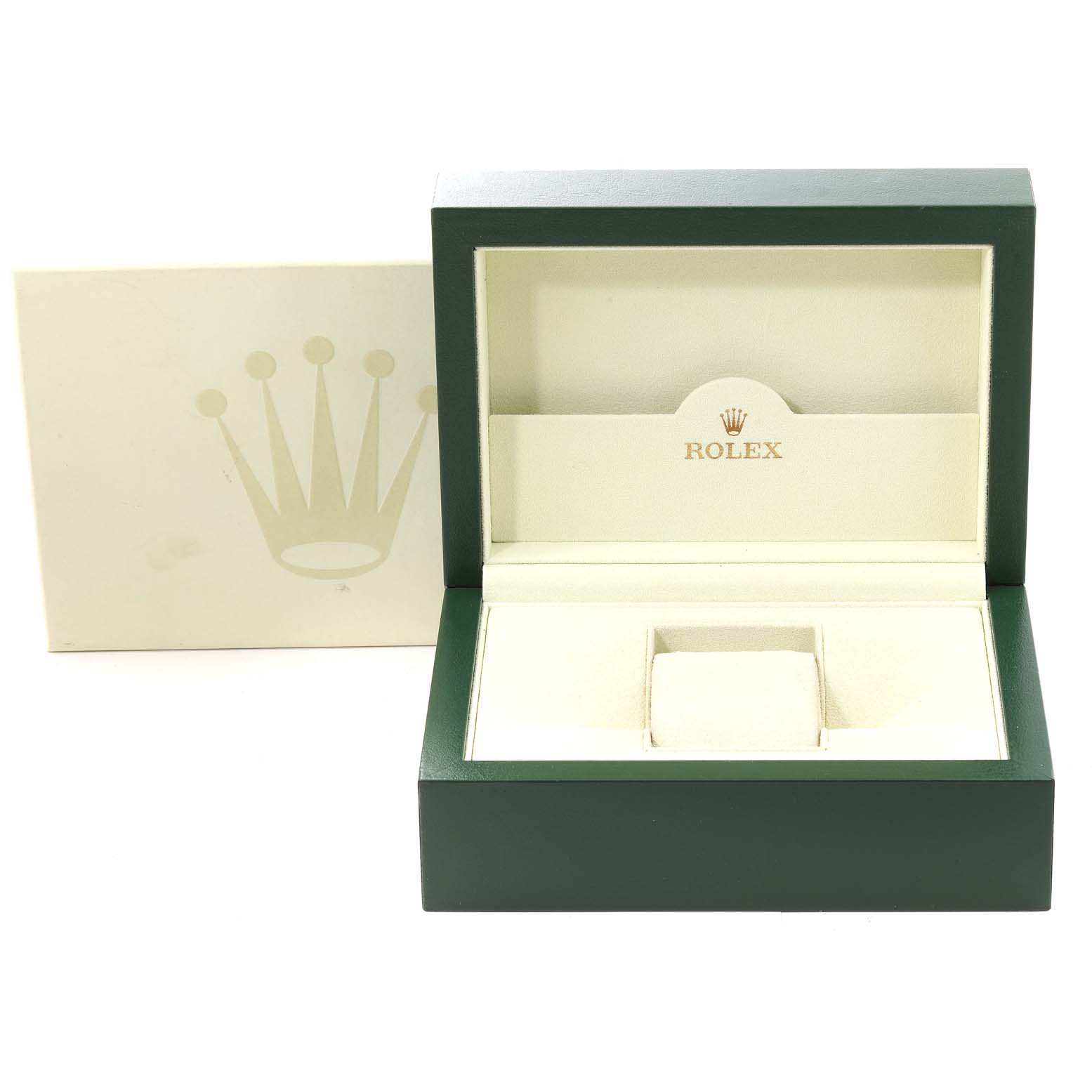 This image shows the open presentation box for a Rolex Yacht-Master 16623 Men
s Steel and Gold (two tone) White Dial 16623 Men
s Steel and Gold (two tone) White Dial watch, with the brand logo visible inside the lid.