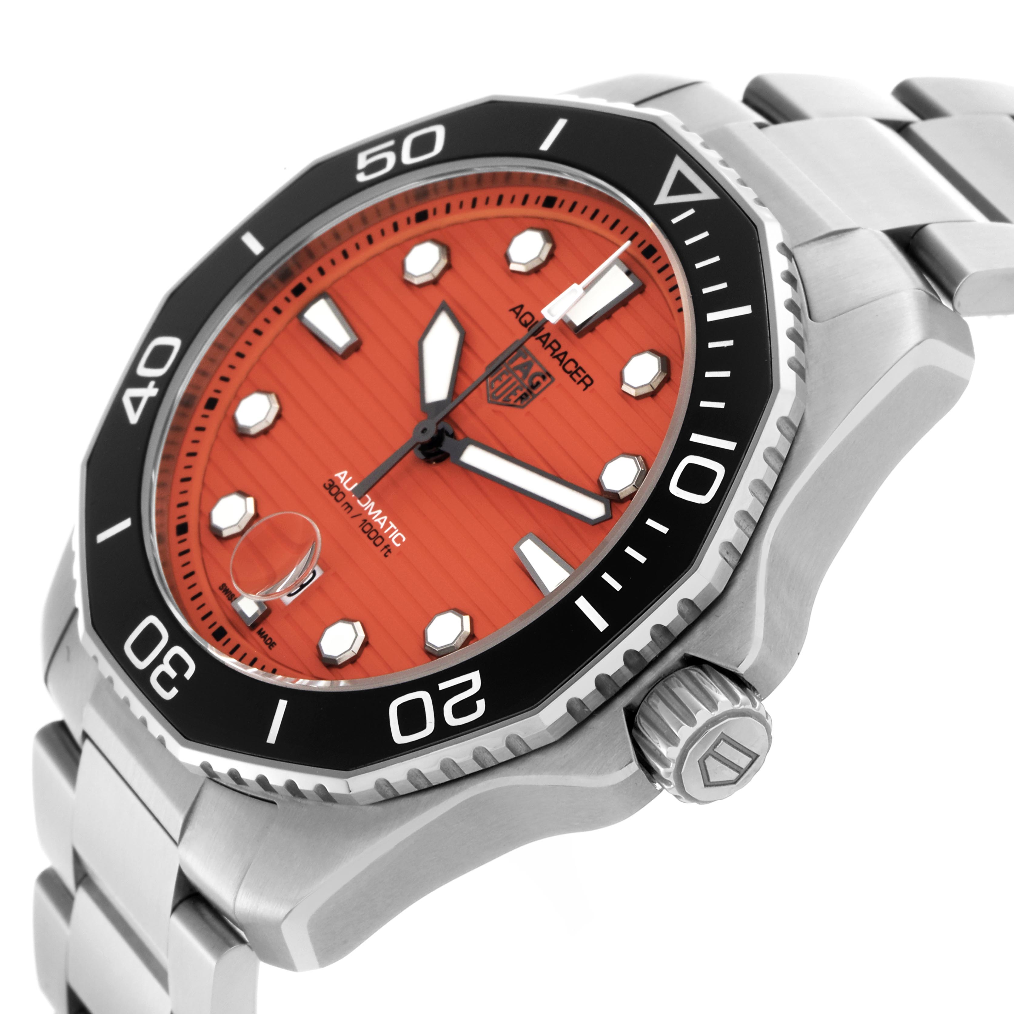 The Tag Heuer Aquaracer WBP201F Men
s Stainless Steel Orange Dial WBP201F Men
s Stainless Steel Orange Dial watch is shown at an angle highlighting the face, bezel, crown, and part of the bracelet.