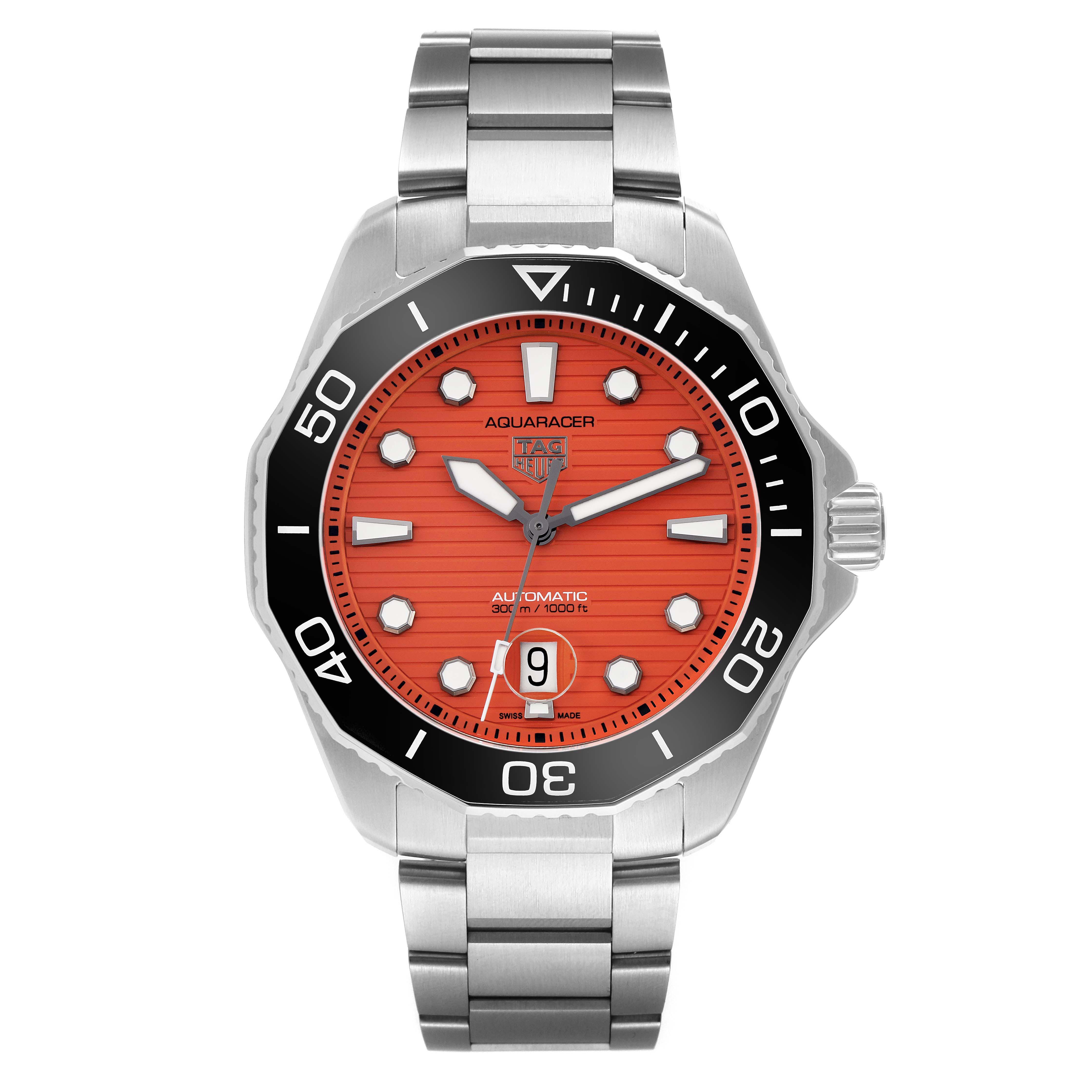 The Tag Heuer Aquaracer WBP201F Men
s Stainless Steel Orange Dial WBP201F Men
s Stainless Steel Orange Dial watch is shown from a front view, displaying the orange dial, bezel, crown, and metal bracelet.
