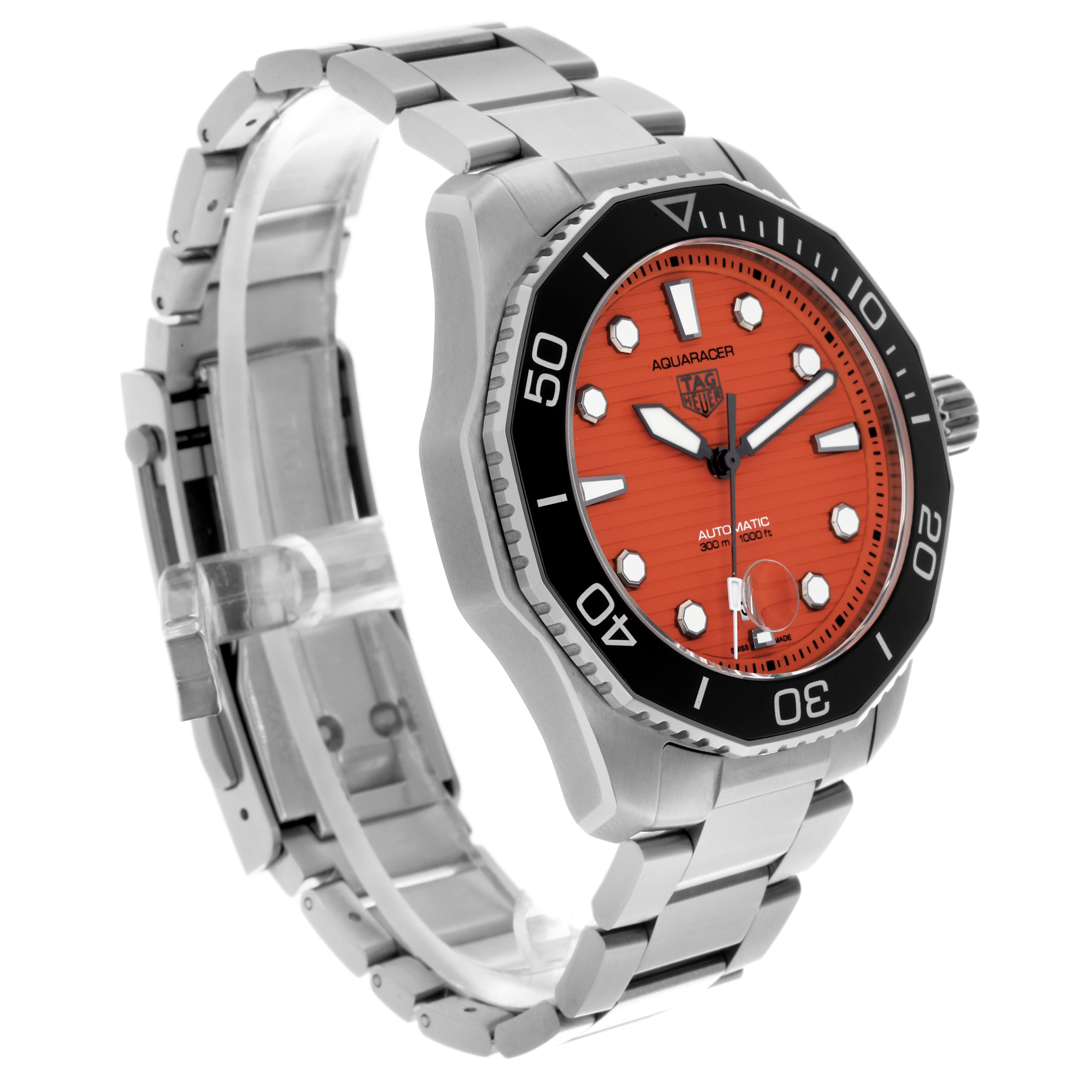 The Tag Heuer Aquaracer WBP201F Men
s Stainless Steel Orange Dial WBP201F Men
s Stainless Steel Orange Dial watch is shown at a three-quarter angle, highlighting the dial, bezel, and bracelet.