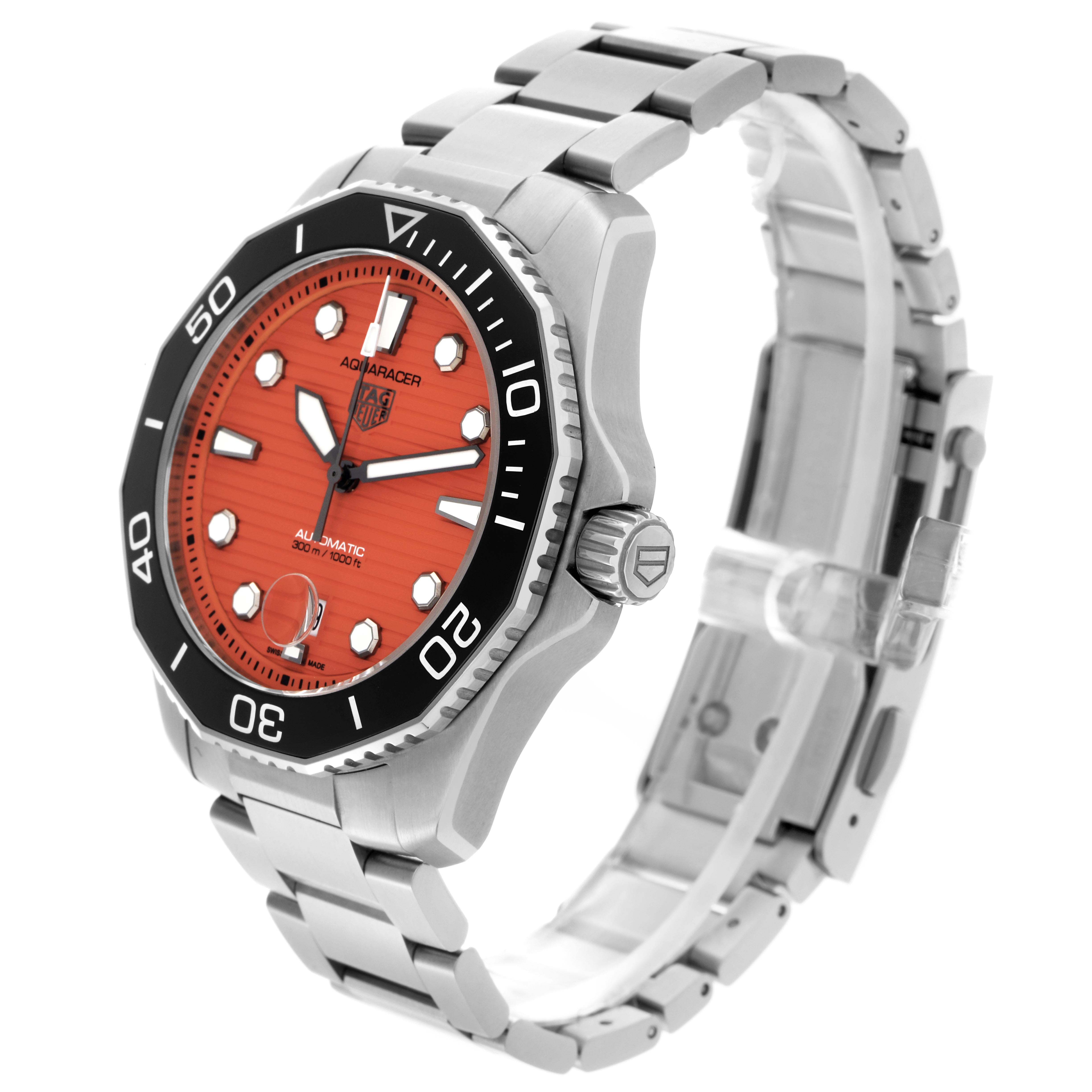 The Tag Heuer Aquaracer WBP201F Men
s Stainless Steel Orange Dial WBP201F Men
s Stainless Steel Orange Dial watch is shown at an angled view highlighting the face, bezel, crown, and stainless steel bracelet.