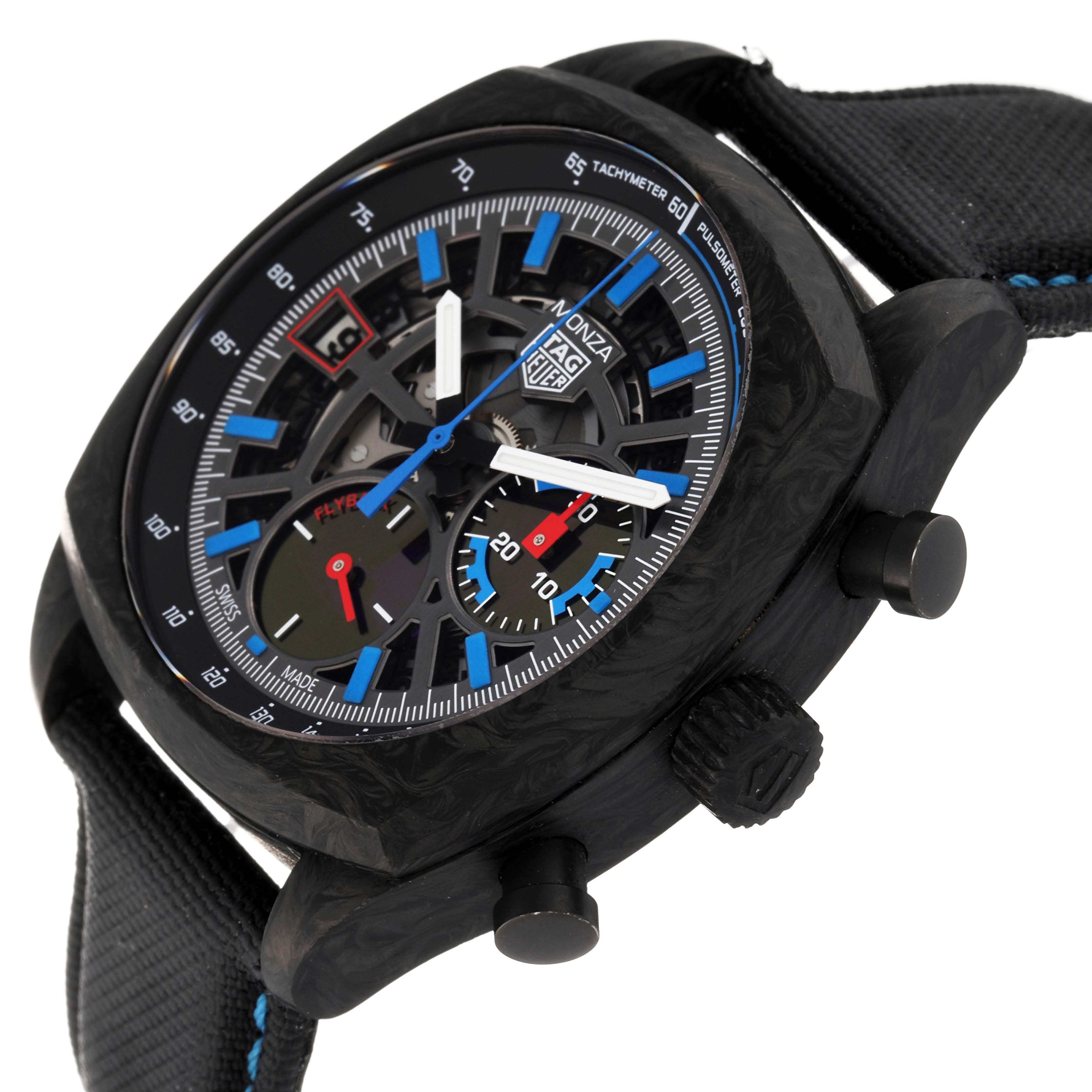 The image shows a Tag Heuer Monza CR5090.FN6001 Men's Titanium Black Dial CR5090.FN6001 Men's Titanium Black Dial watch at an angle highlighting the face, bezel, crown, pushers, and part of the strap.