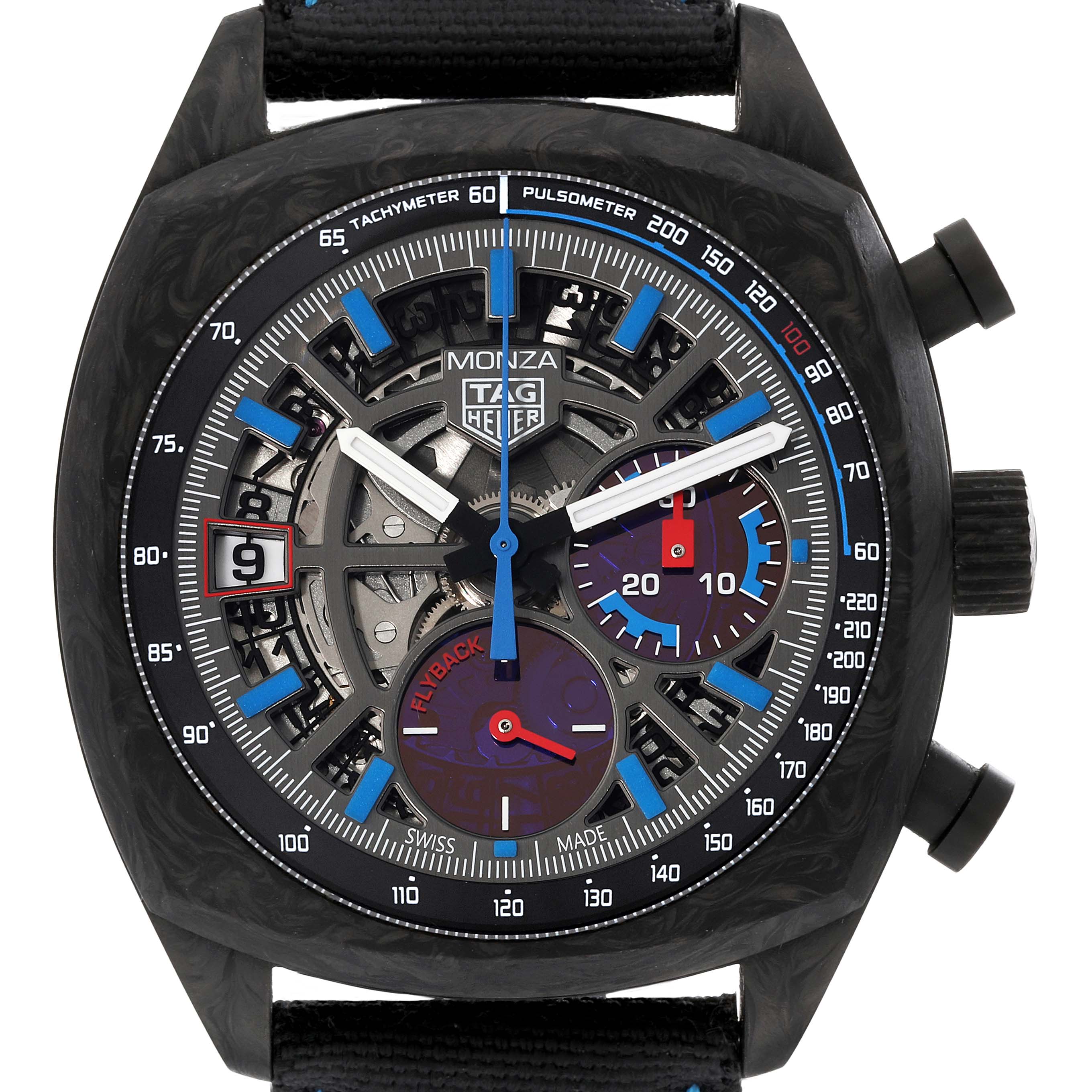 The Tag Heuer Monza CR5090.FN6001 Men's Titanium Black Dial CR5090.FN6001 Men's Titanium Black Dial watch is shown from a top-down angle, displaying its dial, sub-dials, and buttons on the side.