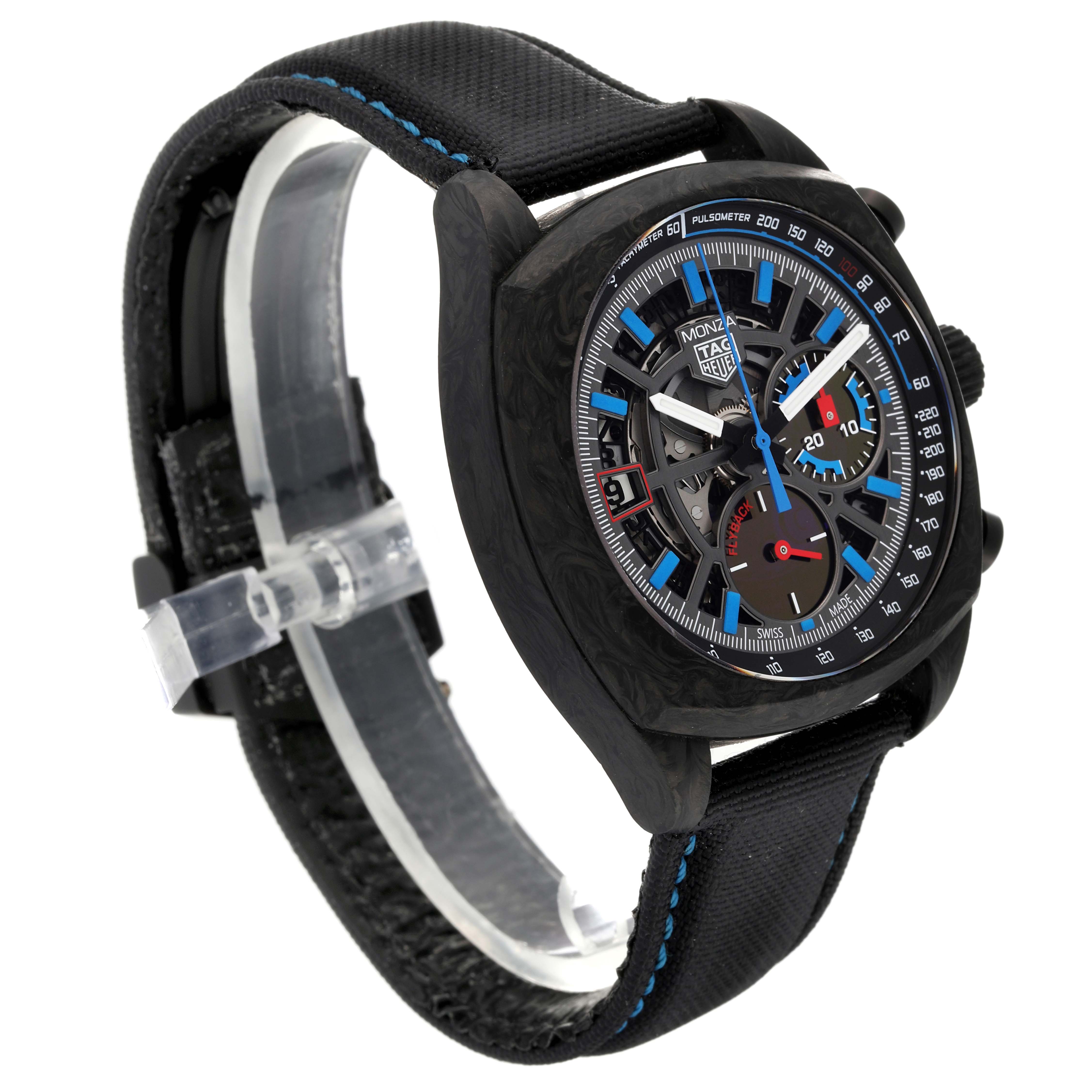 The image shows a Tag Heuer Monza CR5090.FN6001 Men's Titanium Black Dial CR5090.FN6001 Men's Titanium Black Dial model watch at an angled side view, highlighting the strap, face, and dials.