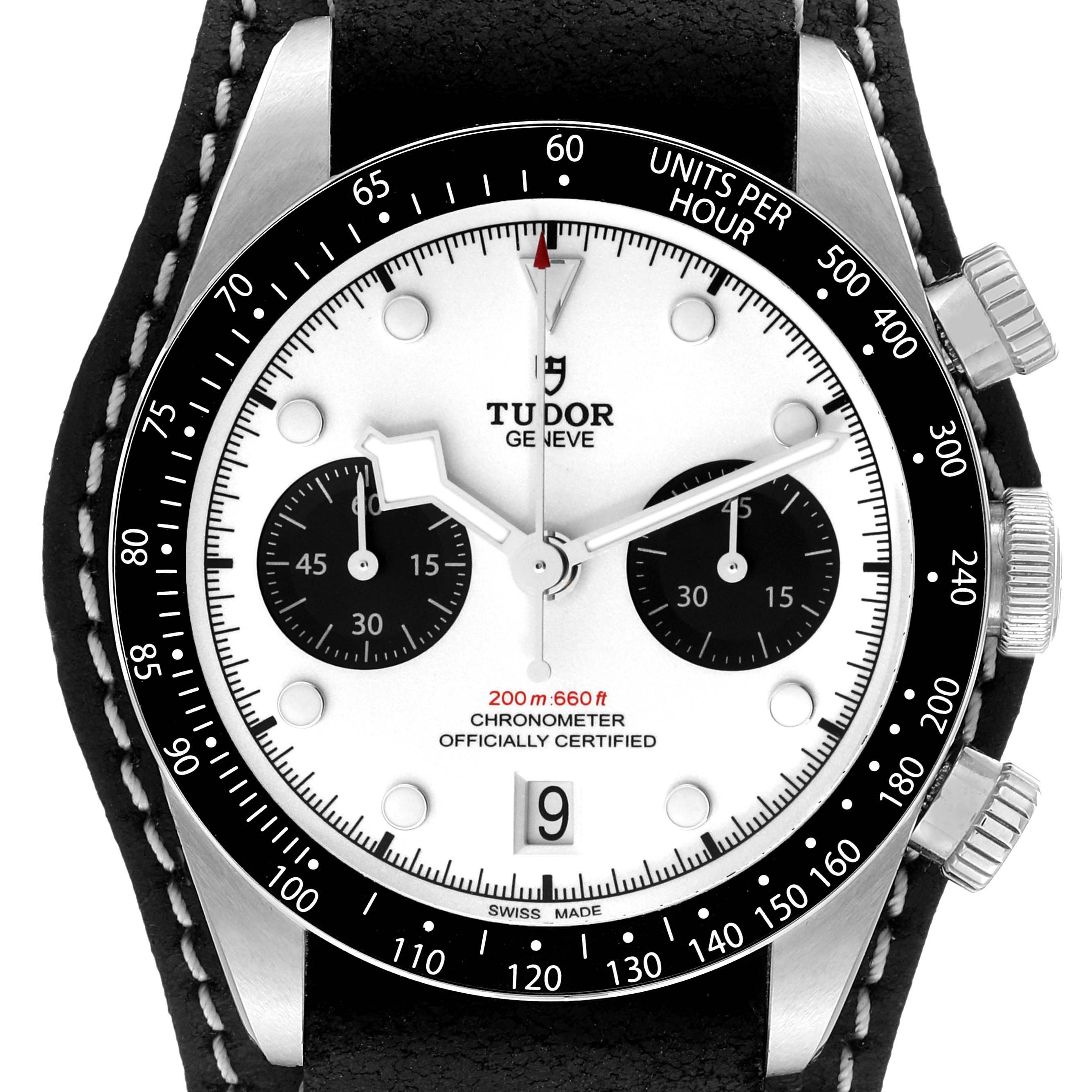 This Tudor Heritage Black Bay 79360N Men
s Stainless Steel White Dial 79360N Men
s Stainless Steel White Dial watch is shown from the front, displaying the face, bezel, pushers, and strap.