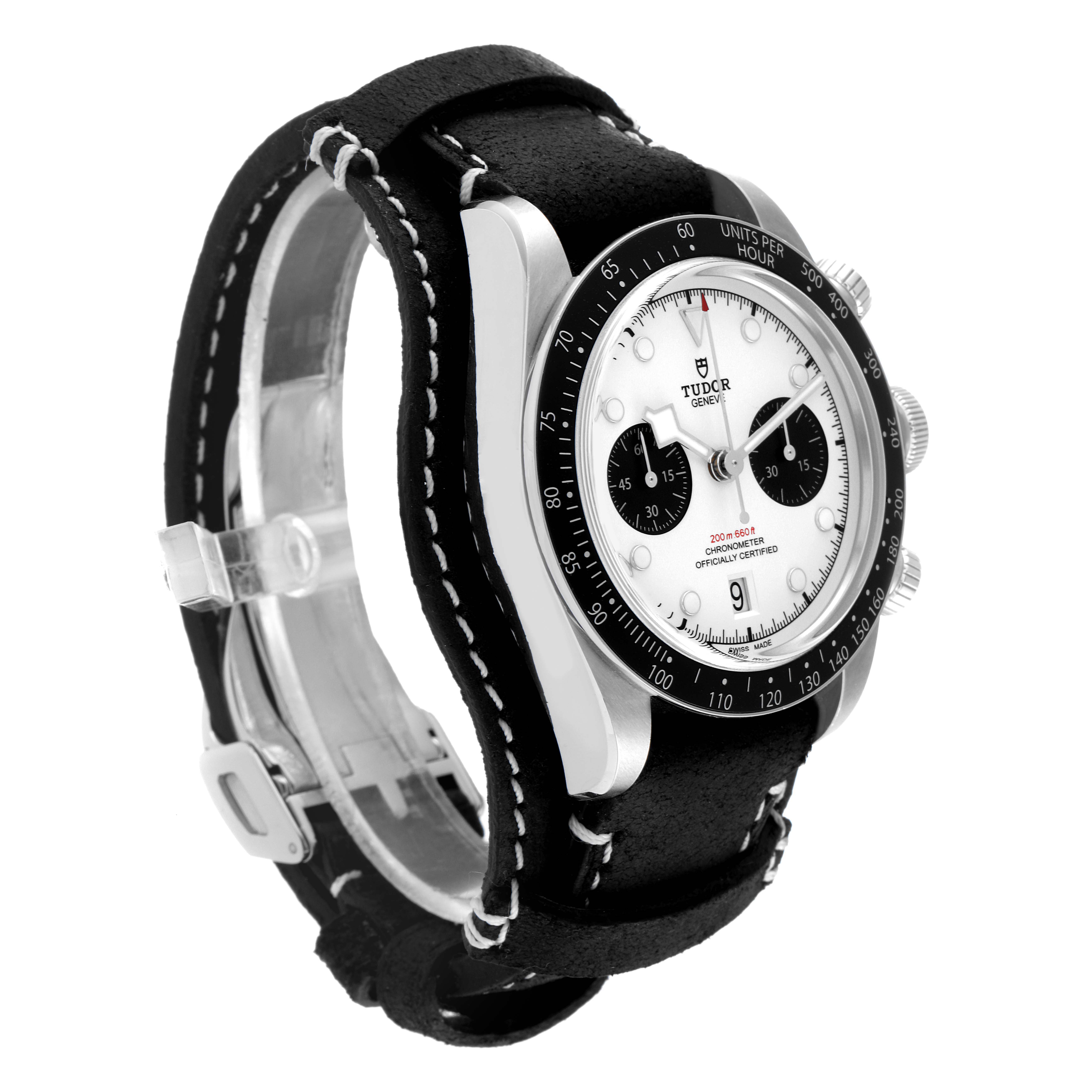 The image shows a Tudor Heritage Black Bay 79360N Men
s Stainless Steel White Dial 79360N Men
s Stainless Steel White Dial watch at a three-quarter angle, highlighting the face, bezel, and black leather strap.