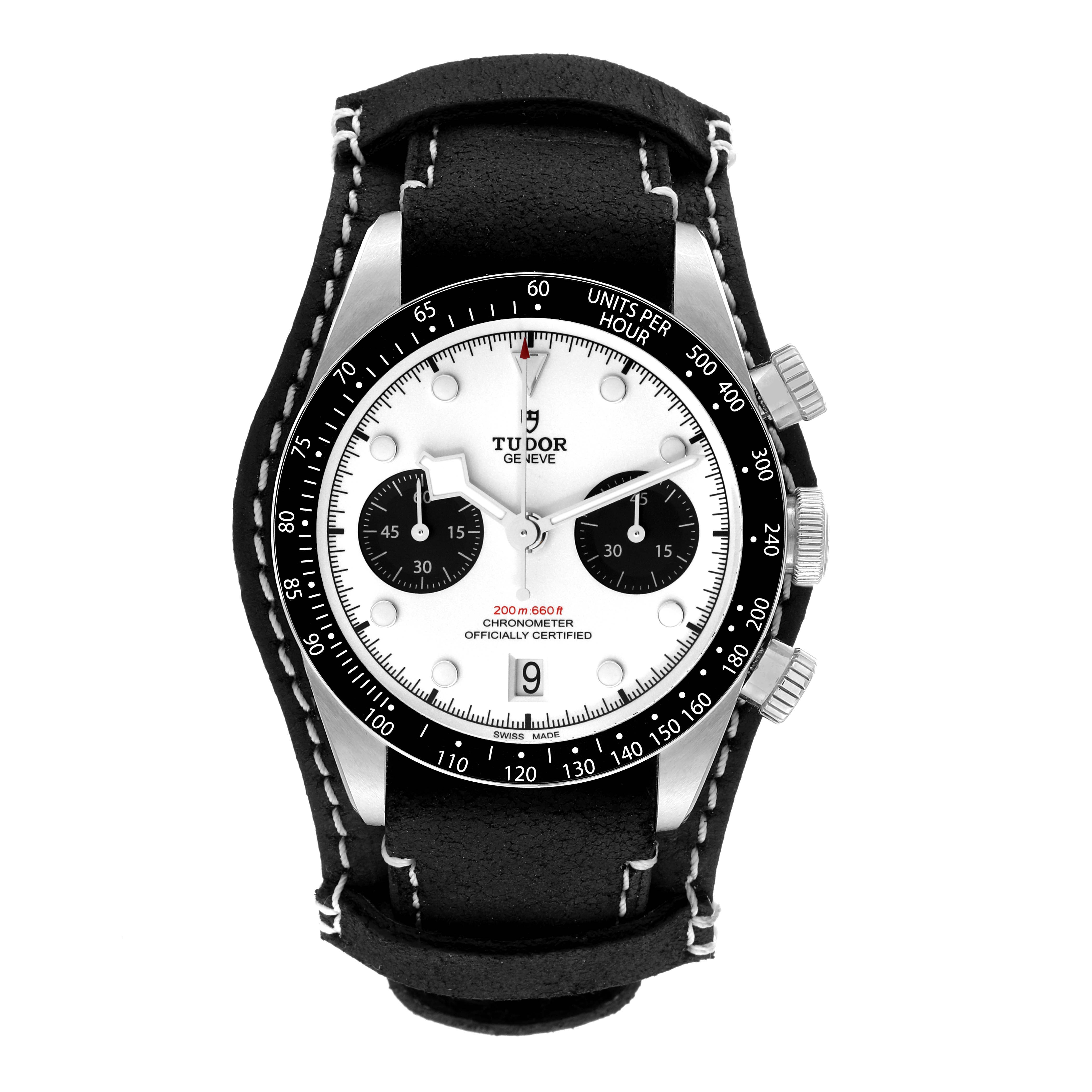 The image shows a front view of the Tudor Heritage Black Bay 79360N Men
s Stainless Steel White Dial 79360N Men
s Stainless Steel White Dial watch, displaying its face, bezel, and black leather strap.