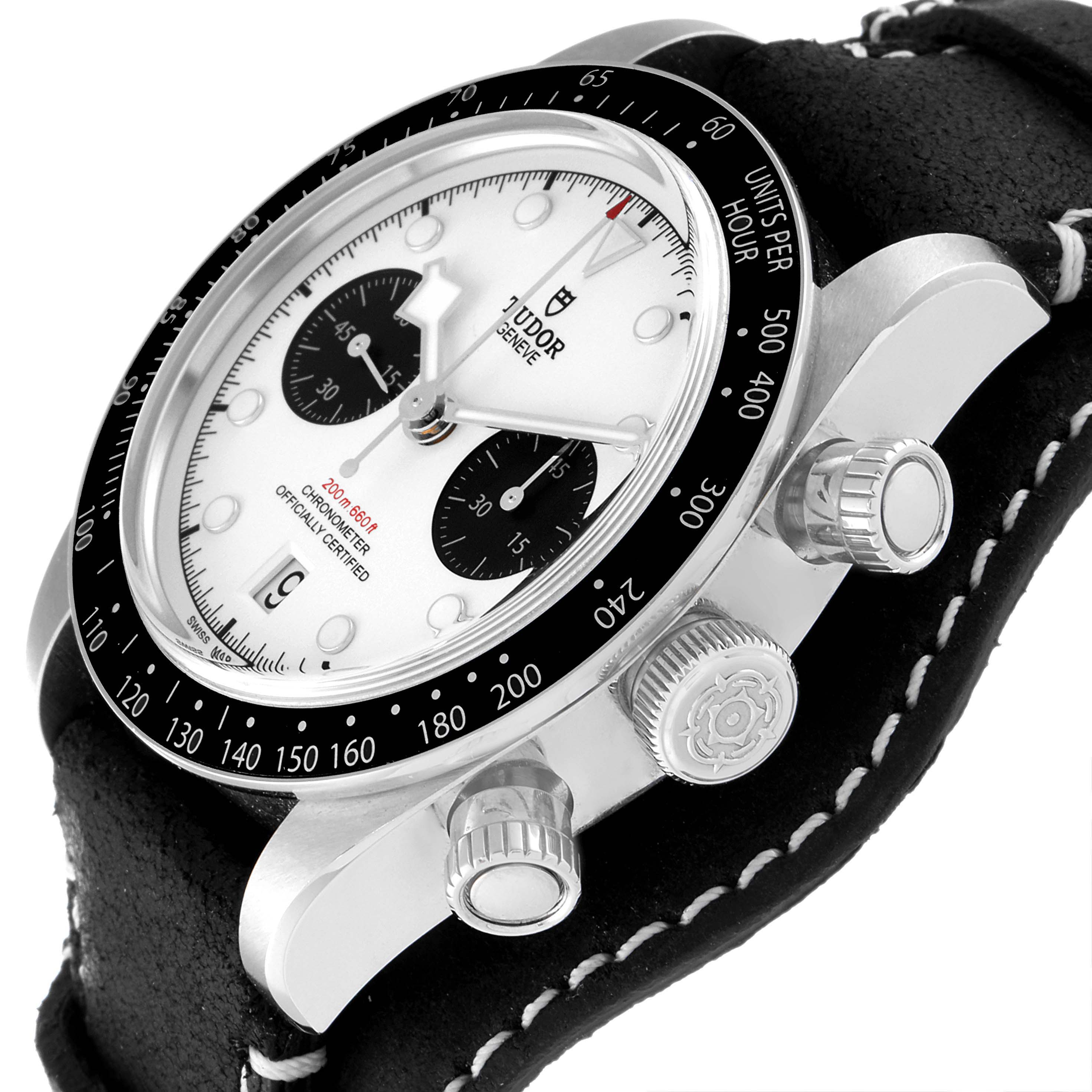 The image displays a close-up angle of the Tudor Heritage Black Bay 79360N Men
s Stainless Steel White Dial 79360N Men
s Stainless Steel White Dial watch, showcasing its dial, bezel, and crown.