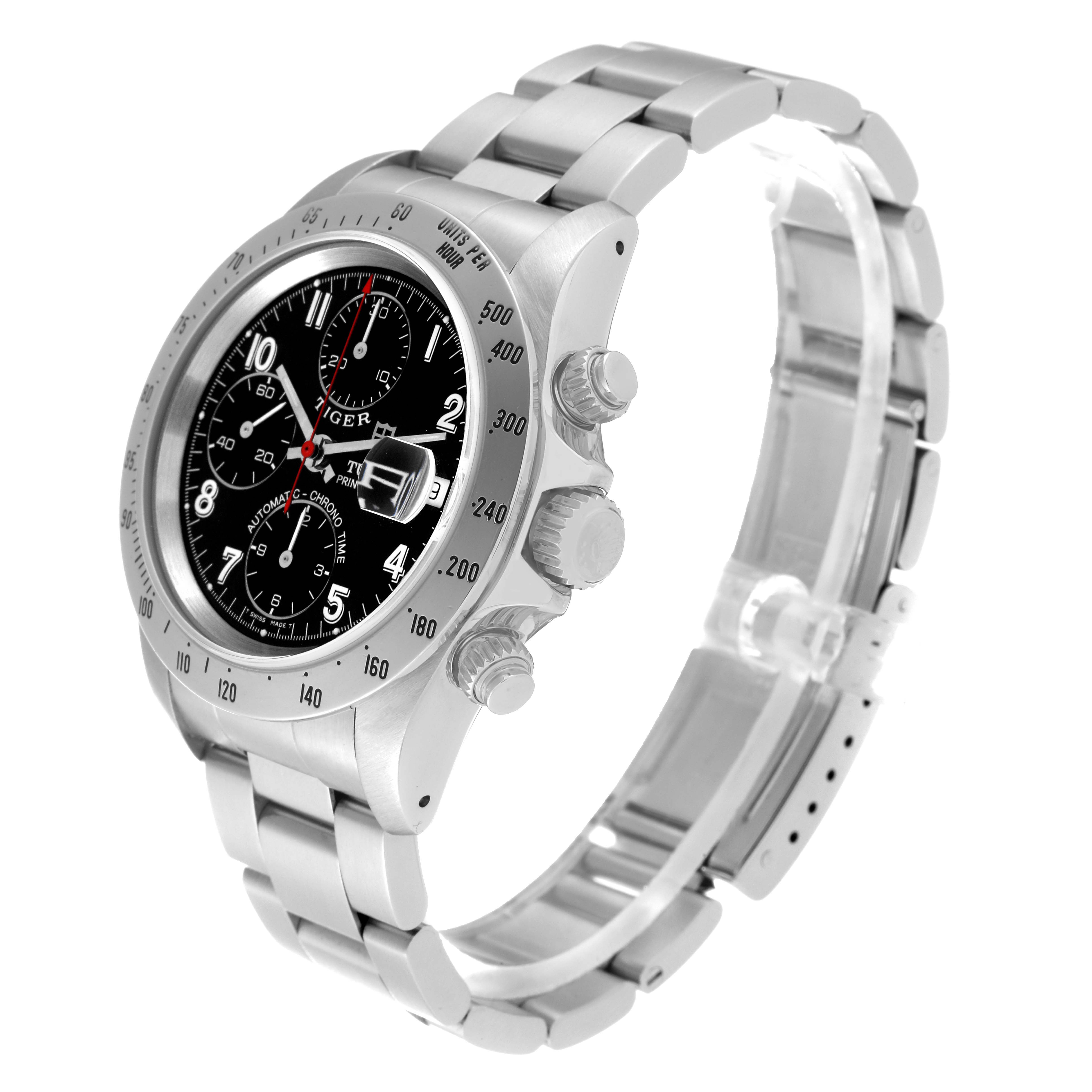 This Tudor Prince model watch is shown at an angle highlighting the dial, bezel, crown, pushers, and stainless steel bracelet.