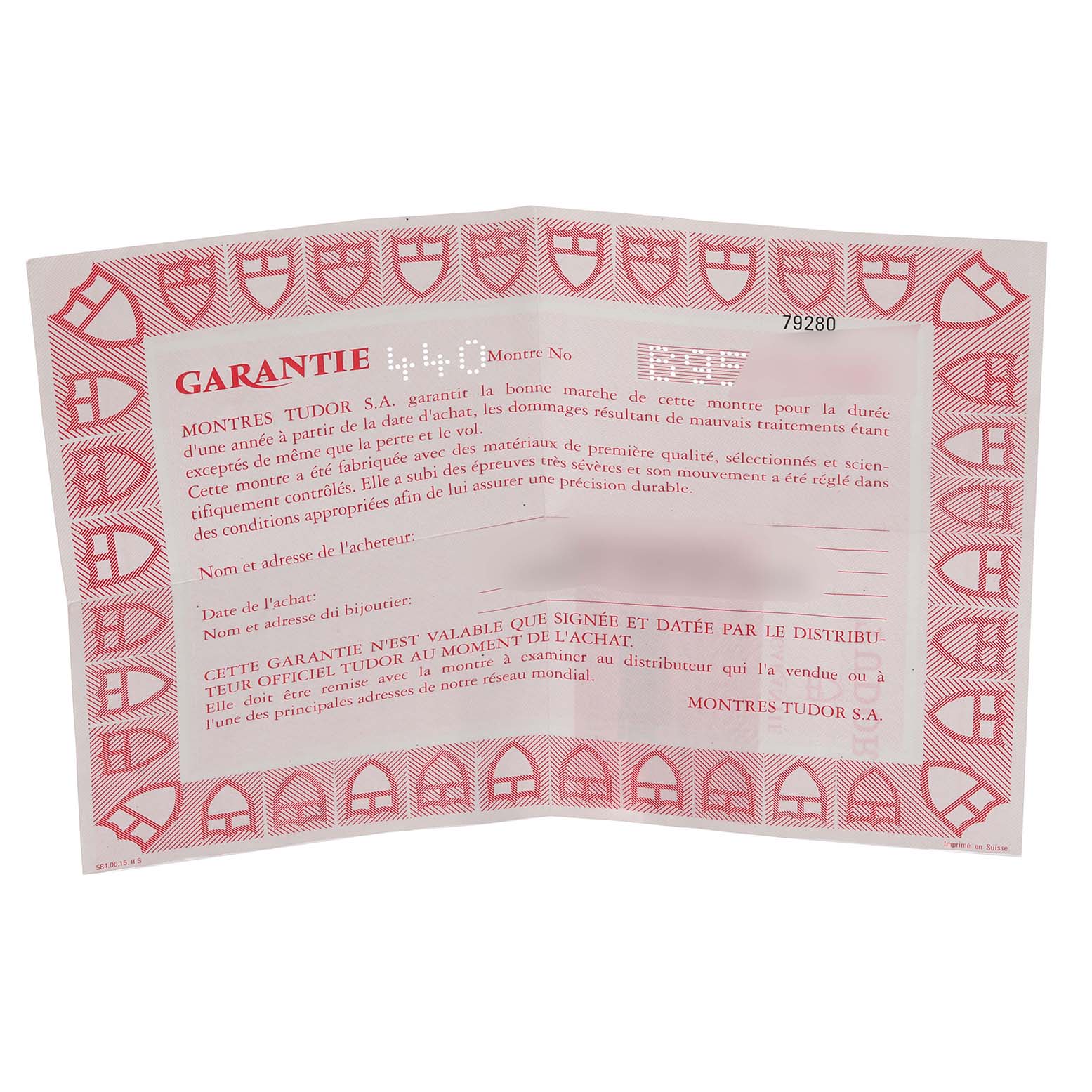 The image shows the warranty certificate for the Tudor Prince model watch, featuring red borders with Tudor logos.