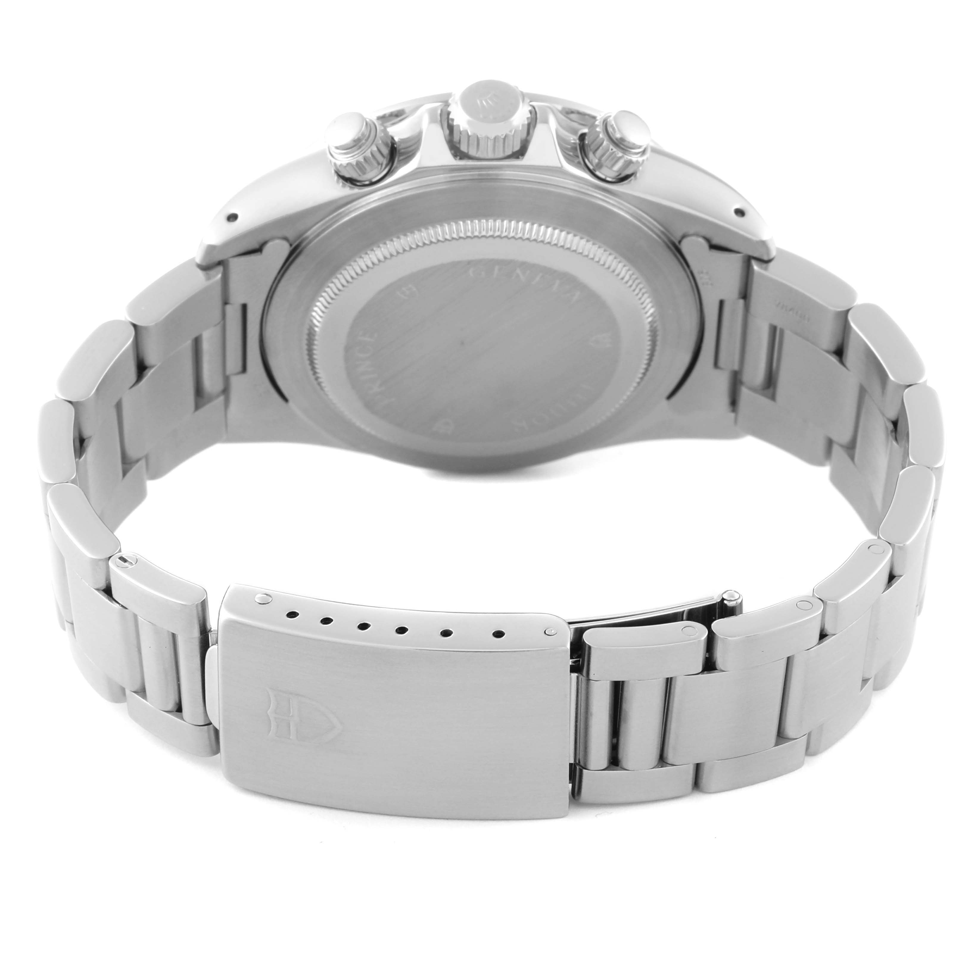 The image shows the back of the Tudor Prince model watch, focusing on its clasp, bracelet, and case back.