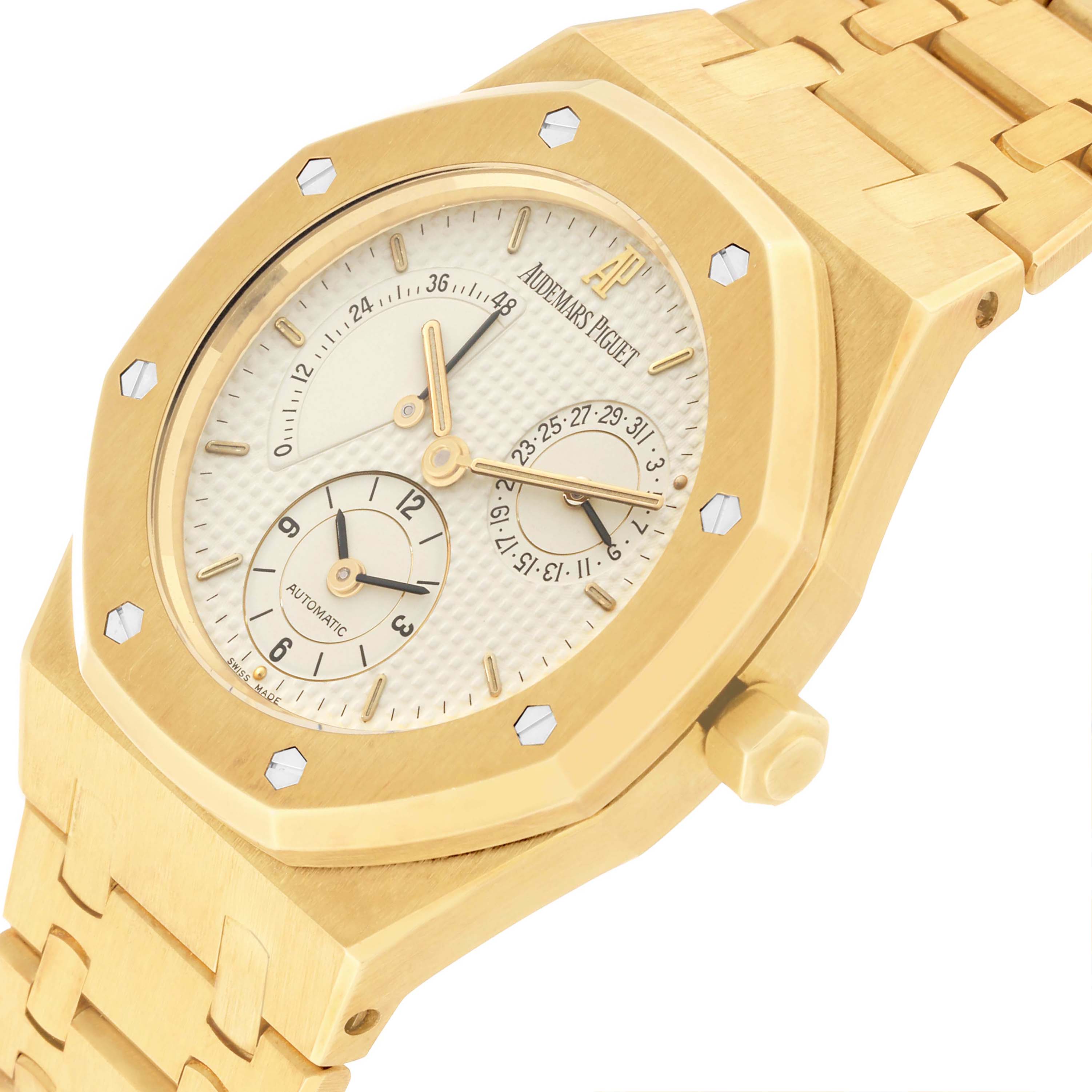 The image shows a close-up angled view of an Audemars Piguet Royal Oak 25730BA Men's Yellow Gold Silver Dial 25730BA Men's Yellow Gold Silver Dial watch, highlighting the case, dial, and part of the bracelet.