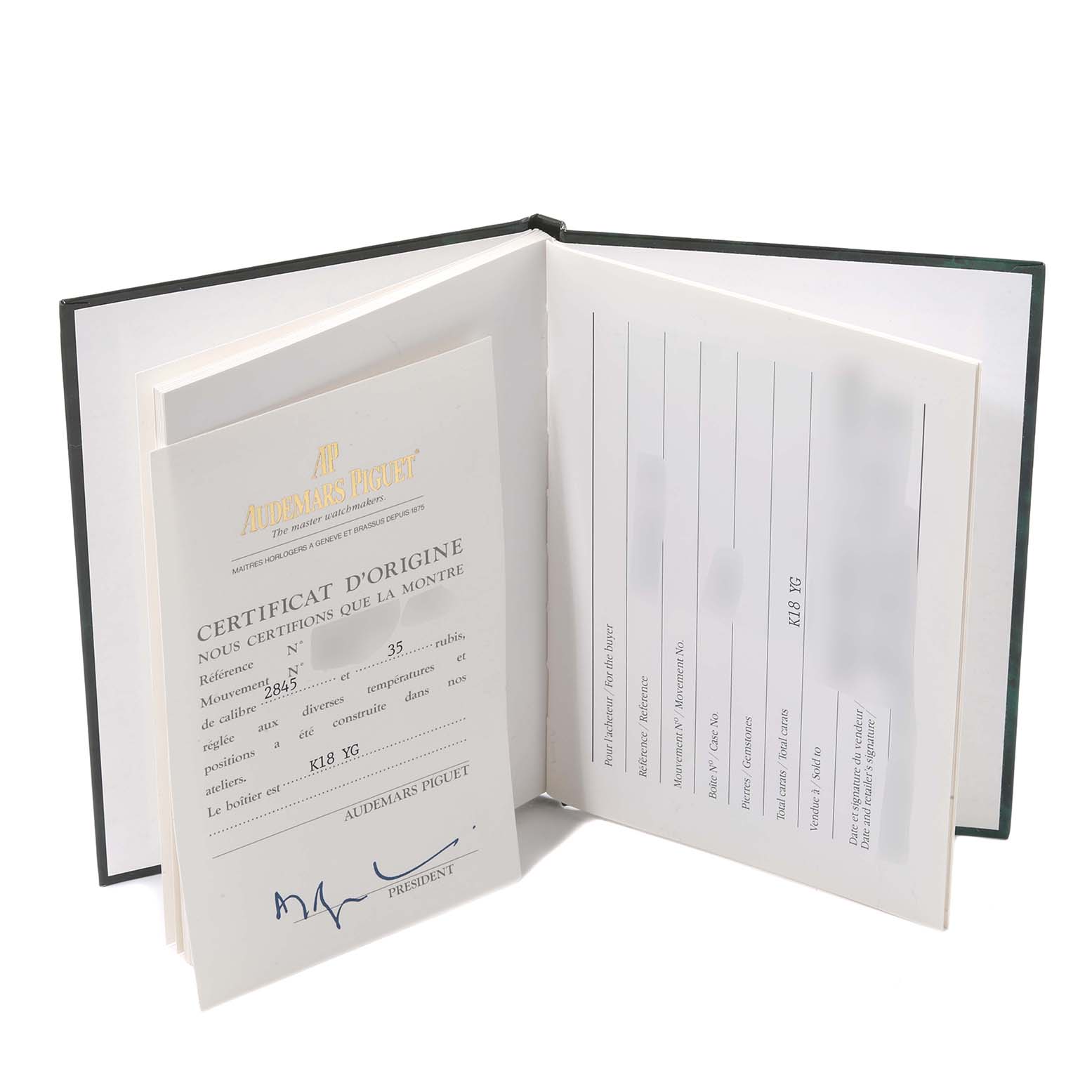 The image shows the Certificate of Origin and warranty booklet for the Audemars Piguet Royal Oak 25730BA Men's Yellow Gold Silver Dial 25730BA Men's Yellow Gold Silver Dial watch model.