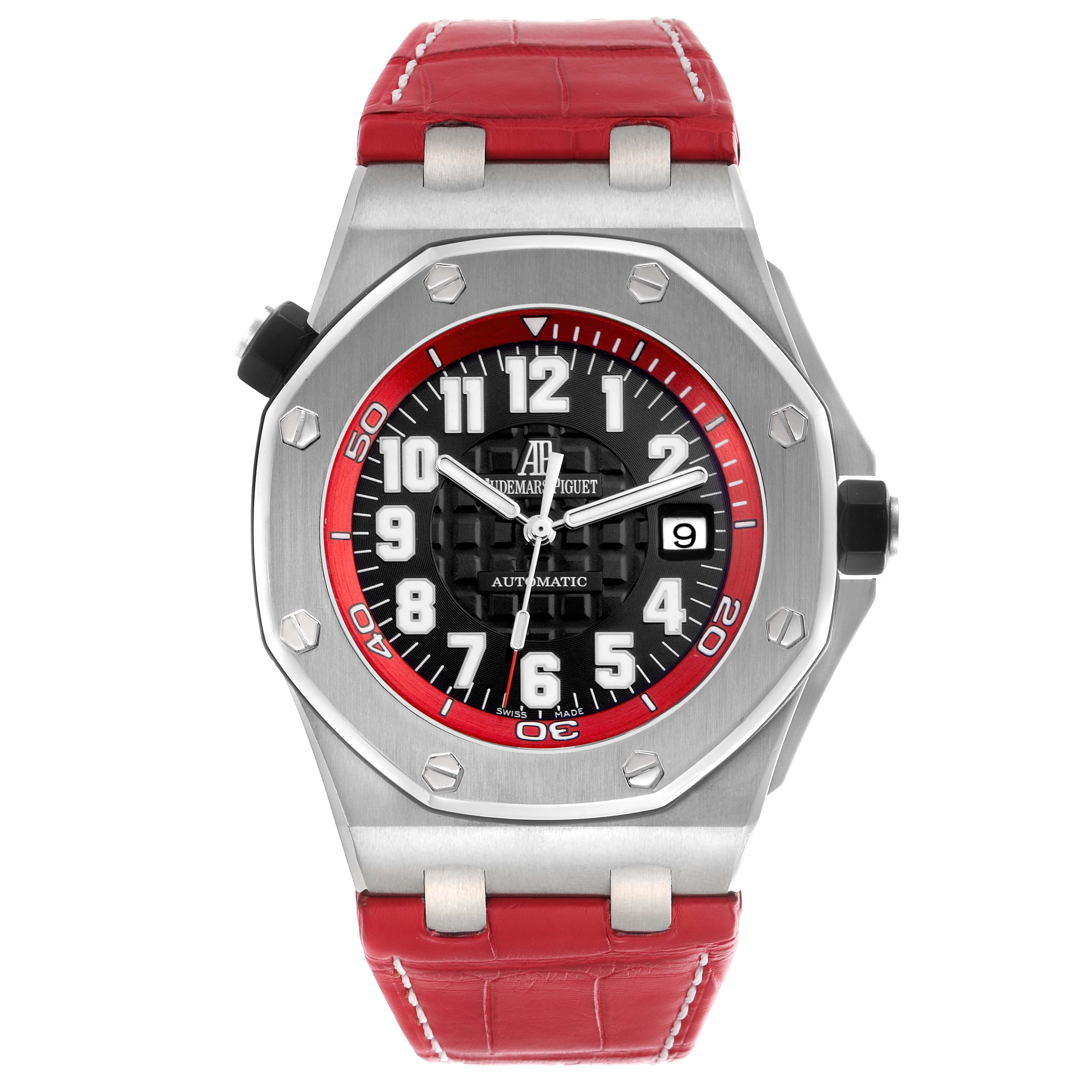 The Audemars Piguet Royal Oak Offshore 15701ST.OO.D002CA.03 Men
s Stainless Steel Black Dial 15701ST.OO.D002CA.03 Men
s Stainless Steel Black Dial watch is shown from the front, highlighting its red strap, bezel, and dial details.