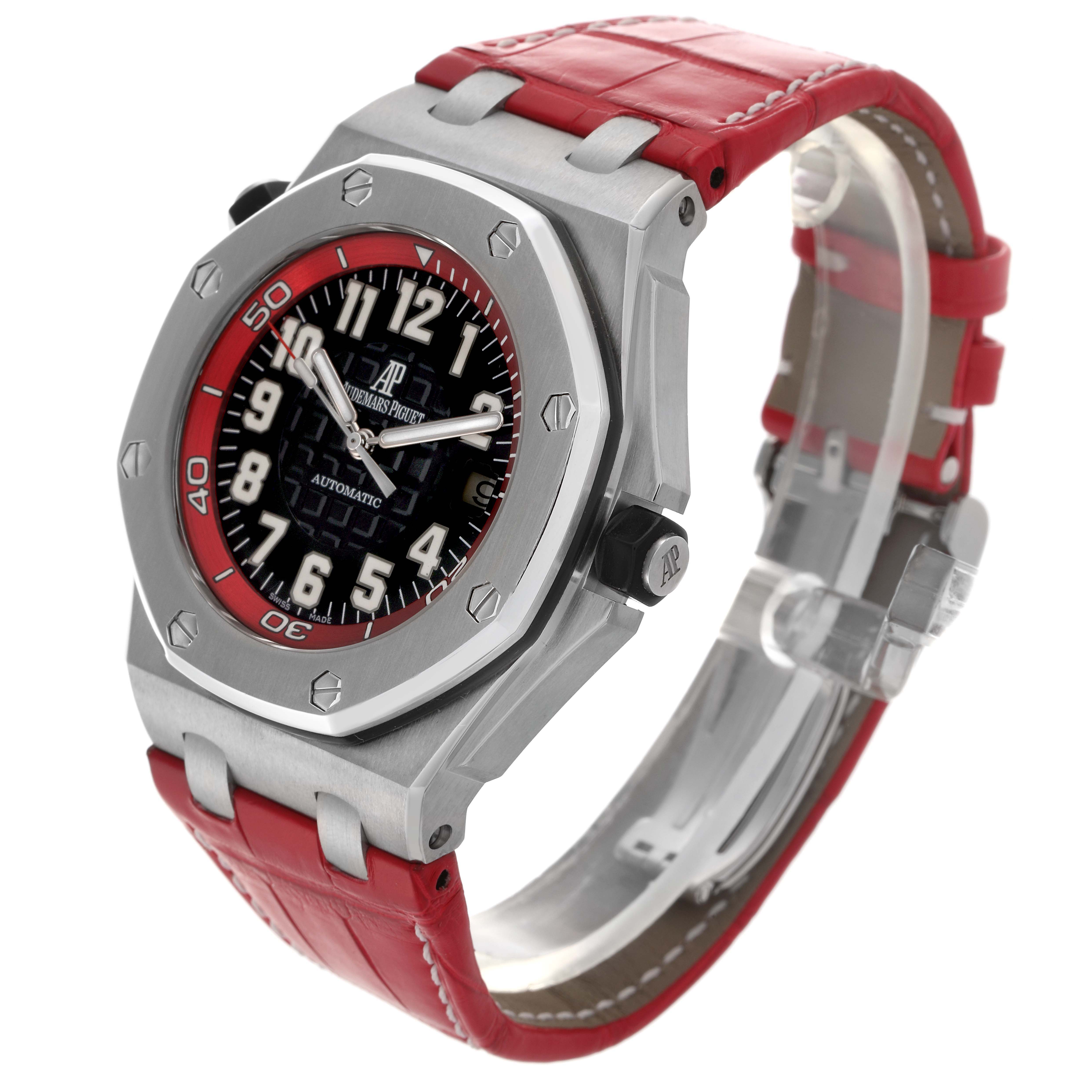 The Audemars Piguet Royal Oak Offshore 15701ST.OO.D002CA.03 Men
s Stainless Steel Black Dial 15701ST.OO.D002CA.03 Men
s Stainless Steel Black Dial is shown at a three-quarter angle, displaying the face, bezel, case, and red strap.