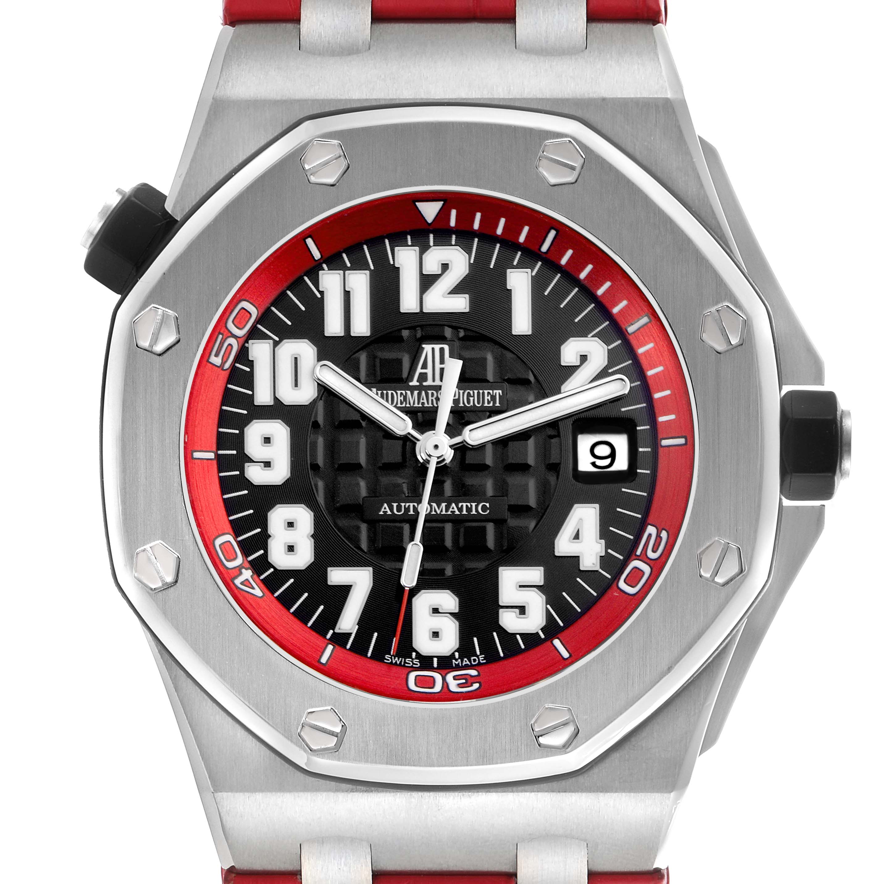 The Audemars Piguet Royal Oak Offshore 15701ST.OO.D002CA.03 Men
s Stainless Steel Black Dial 15701ST.OO.D002CA.03 Men
s Stainless Steel Black Dial watch is shown front-facing, highlighting the dial, bezel, and strap connection.