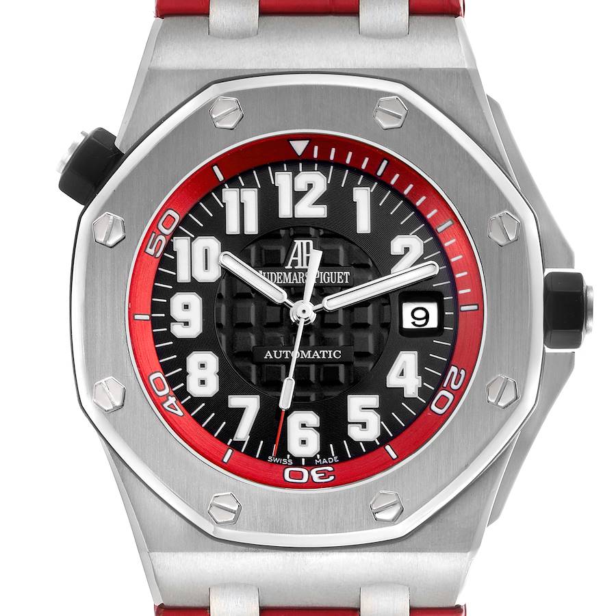 The Audemars Piguet Royal Oak Offshore watch is shown front-facing, highlighting the dial, bezel, and strap connection.