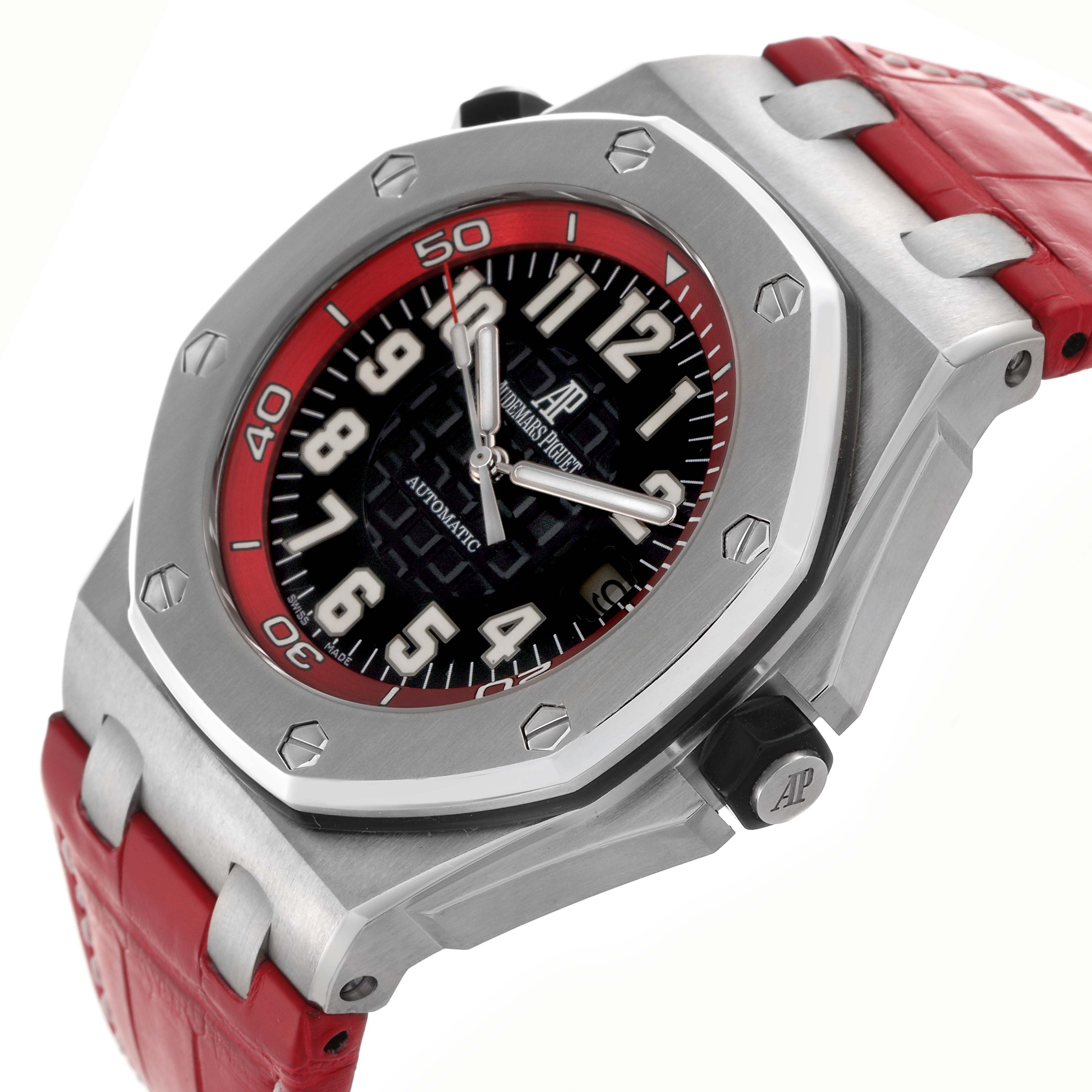 The Audemars Piguet Royal Oak Offshore 15701ST.OO.D002CA.03 Men
s Stainless Steel Black Dial 15701ST.OO.D002CA.03 Men
s Stainless Steel Black Dial watch is shown from a side angle, highlighting its bezel, dial, crown, and red strap.
