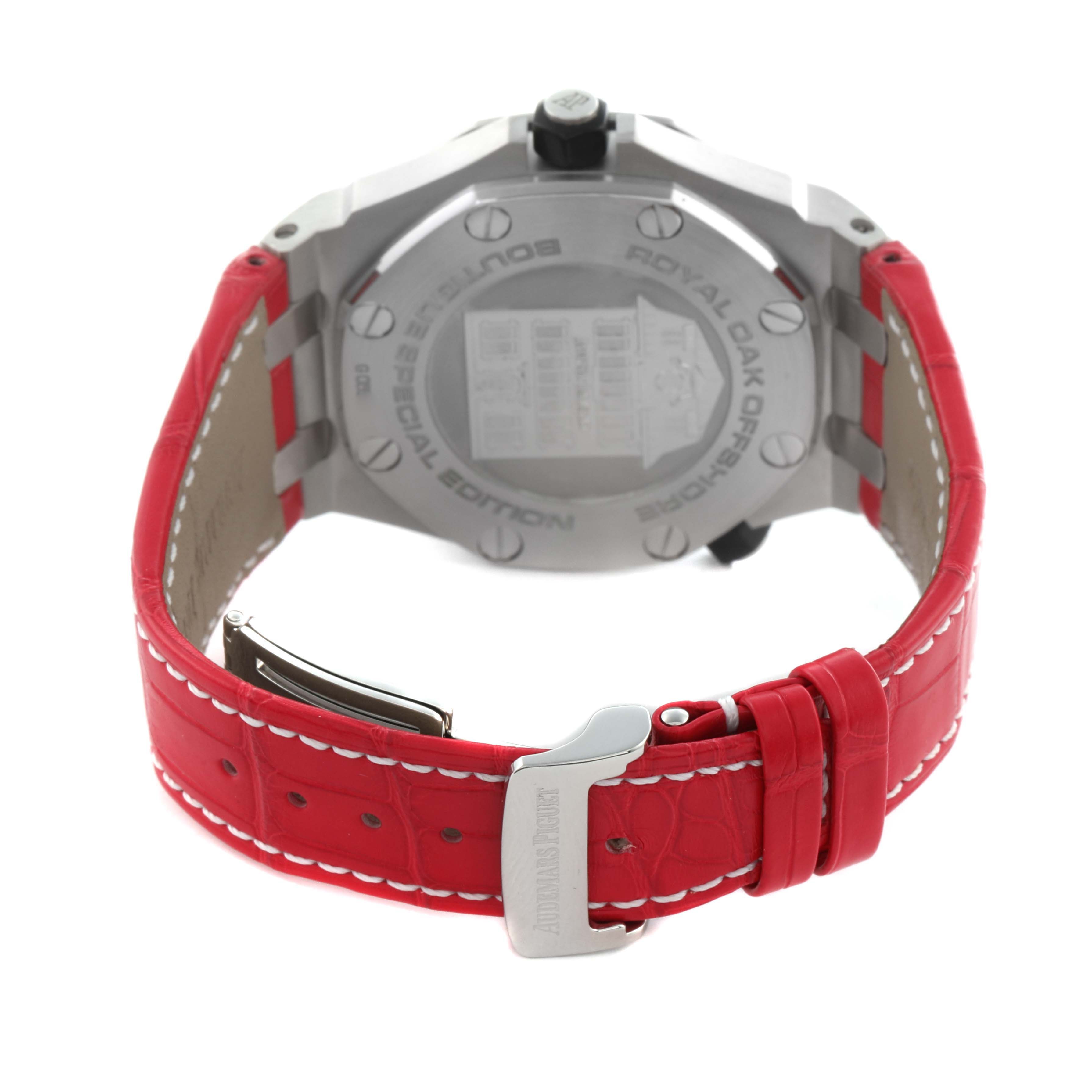 The image shows the back of a Royal Oak Offshore by Audemars Piguet, highlighting the case back, strap, and clasp.