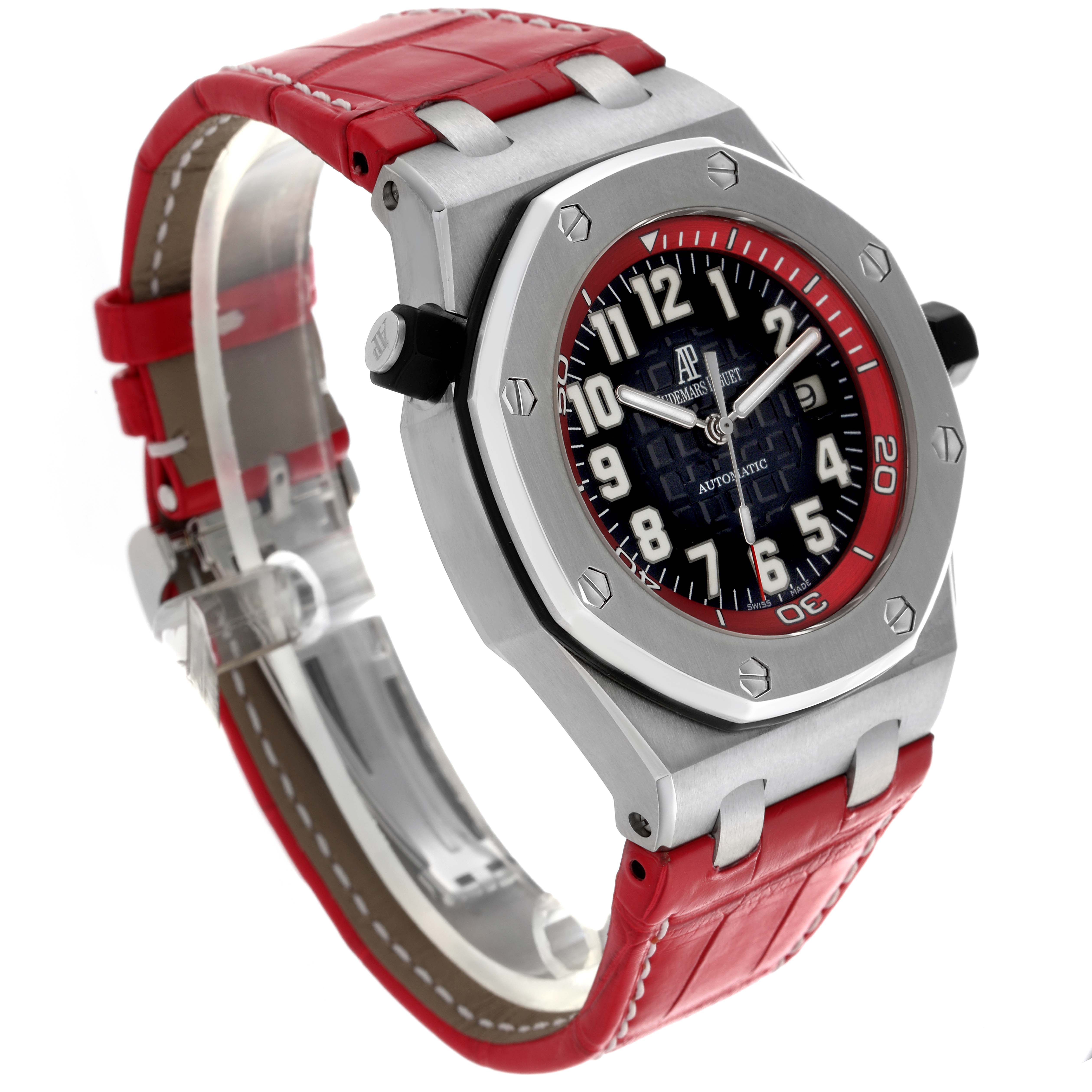 The Audemars Piguet Royal Oak Offshore 15701ST.OO.D002CA.03 Men
s Stainless Steel Black Dial 15701ST.OO.D002CA.03 Men
s Stainless Steel Black Dial is shown at a three-quarter angle, displaying the dial, bezel, and red strap.