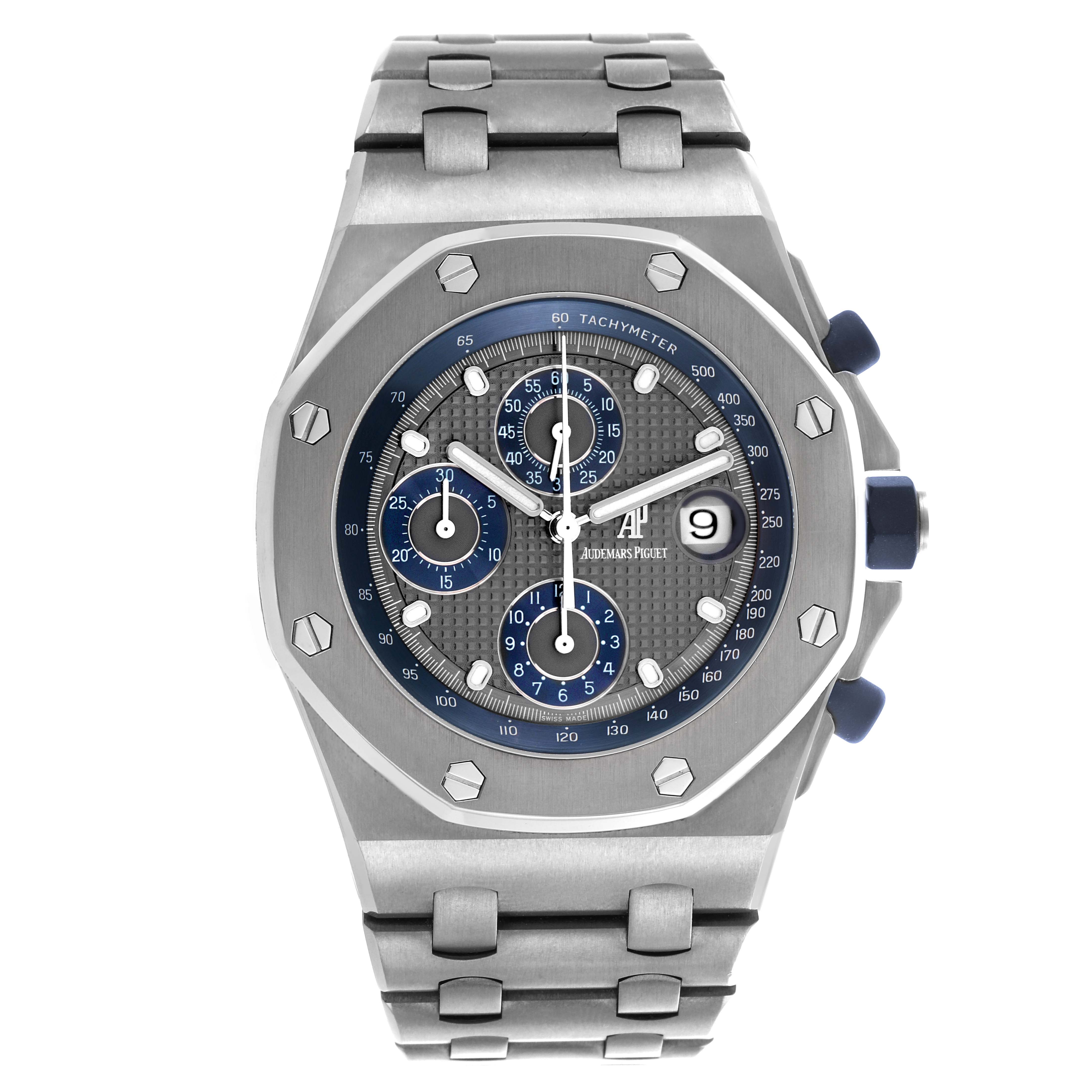 The Audemars Piguet Royal Oak Offshore 25721TI.OO.10000TI.301 Men
s Titanium Grey Dial 25721TI.OO.10000TI.301 Men
s Titanium Grey Dial watch is shown from the front, displaying the dial, bezel, and bracelet.