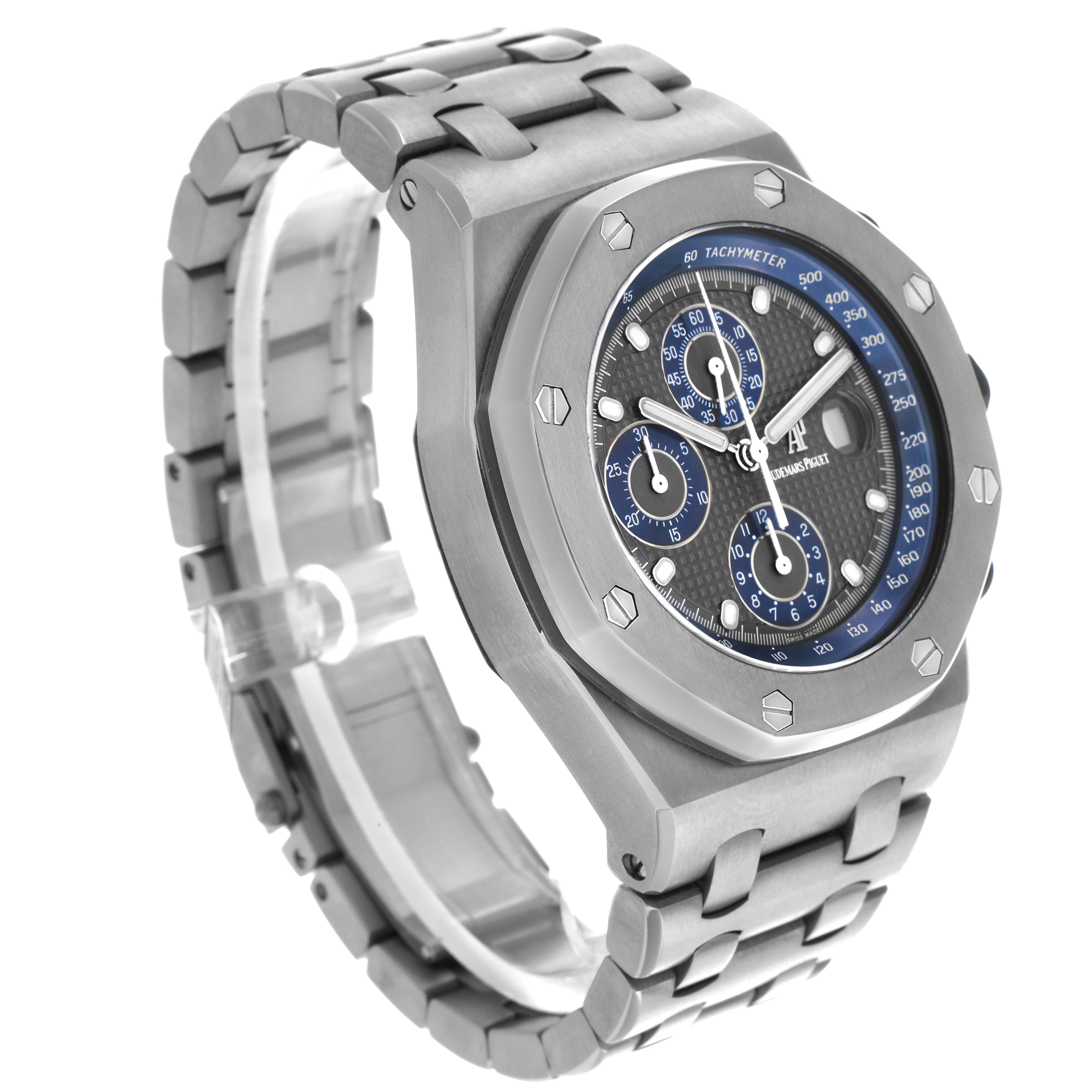 The Audemars Piguet Royal Oak Offshore 25721TI.OO.10000TI.301 Men
s Titanium Grey Dial 25721TI.OO.10000TI.301 Men
s Titanium Grey Dial watch is shown at a three-quarter angle, displaying the face, bezel, and bracelet.