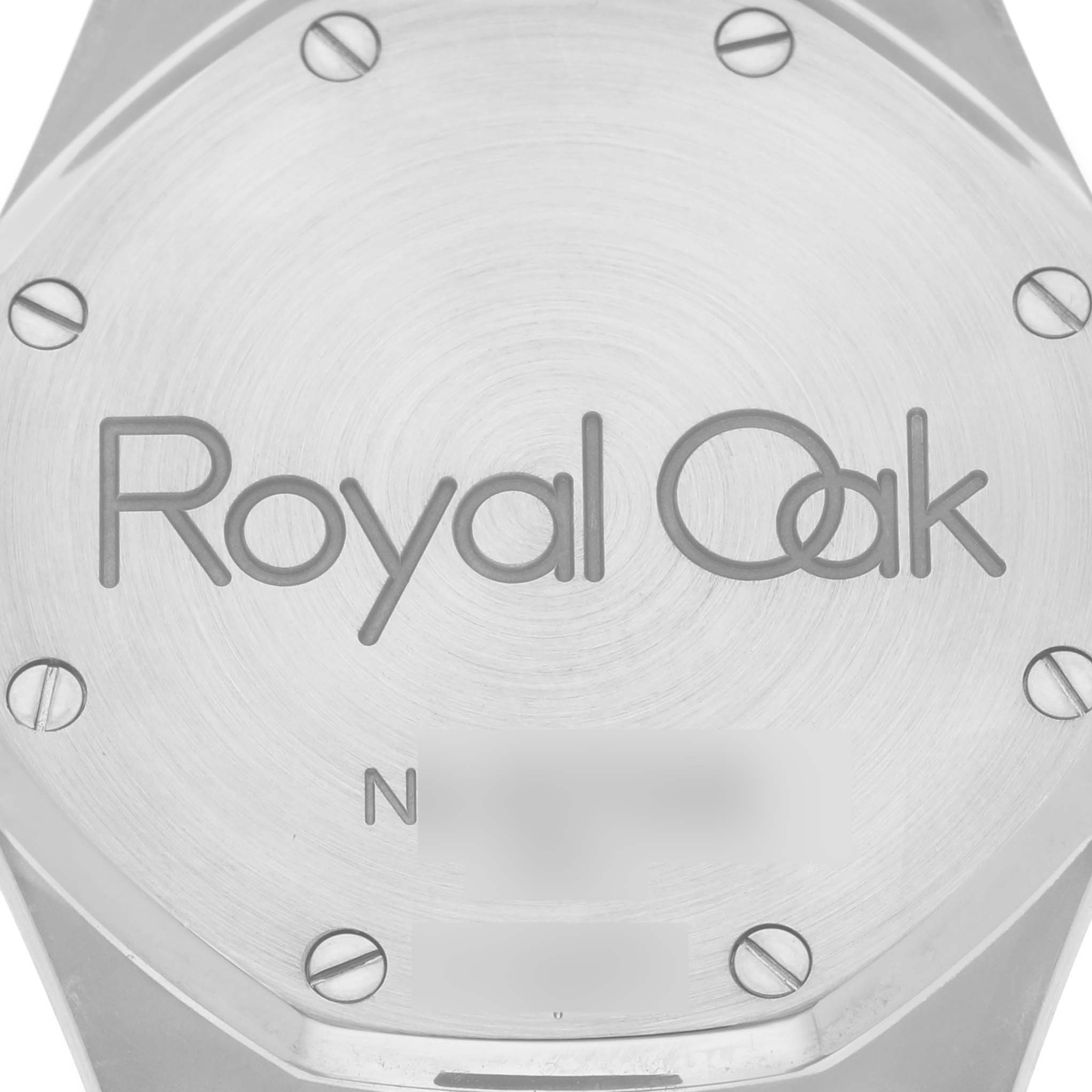 This is the back case of the Audemars Piguet Royal Oak 14790ST Men
s Stainless Steel Silver Dial 14790ST Men
s Stainless Steel Silver Dial watch, showing its screws and engraved branding.