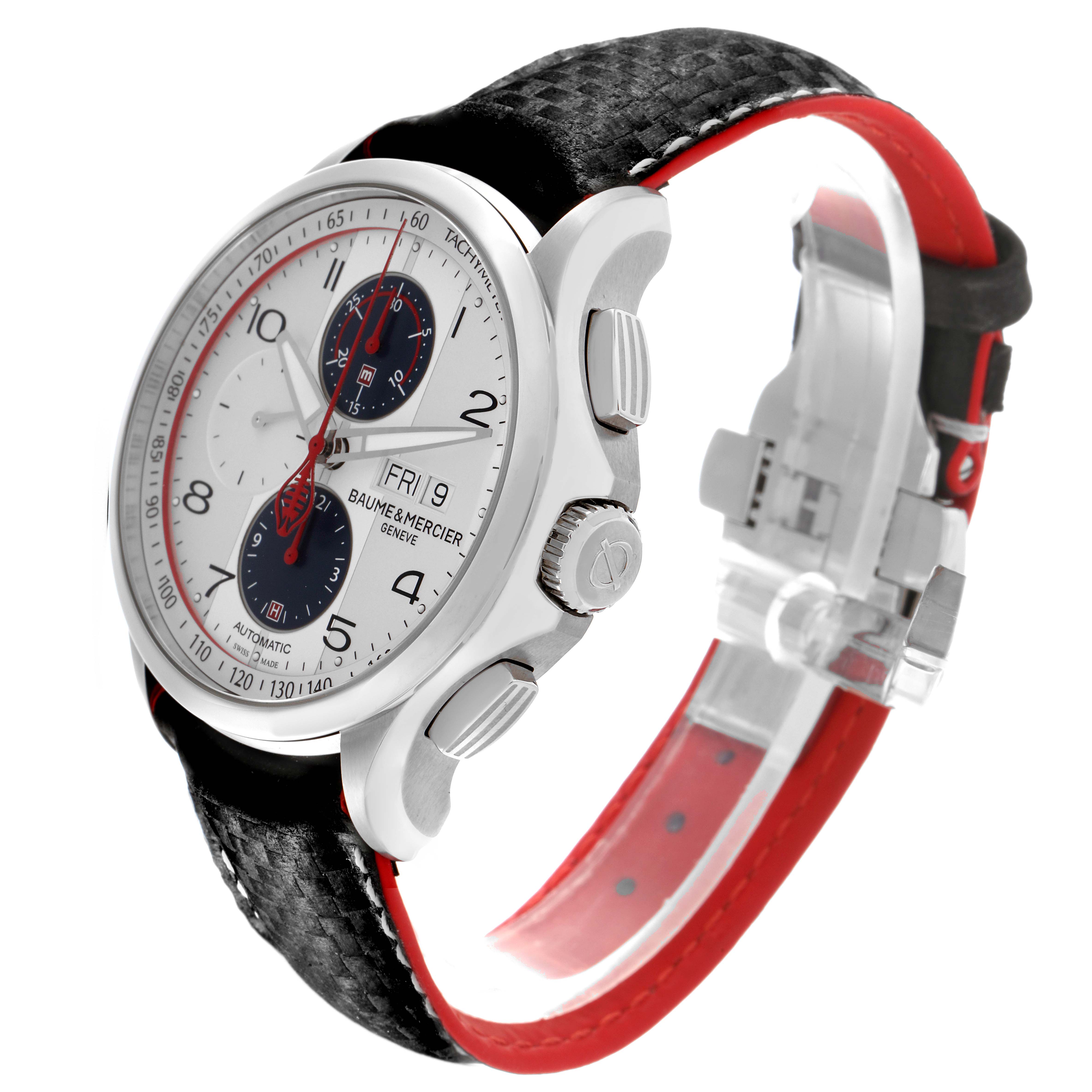 The Baume 
Mercier Clifton MOA10342 Men
s Stainless Steel Silver Dial MOA10342 Men
s Stainless Steel Silver Dial watch is shown at an angle highlighting the face, side buttons, crown, and textured strap.