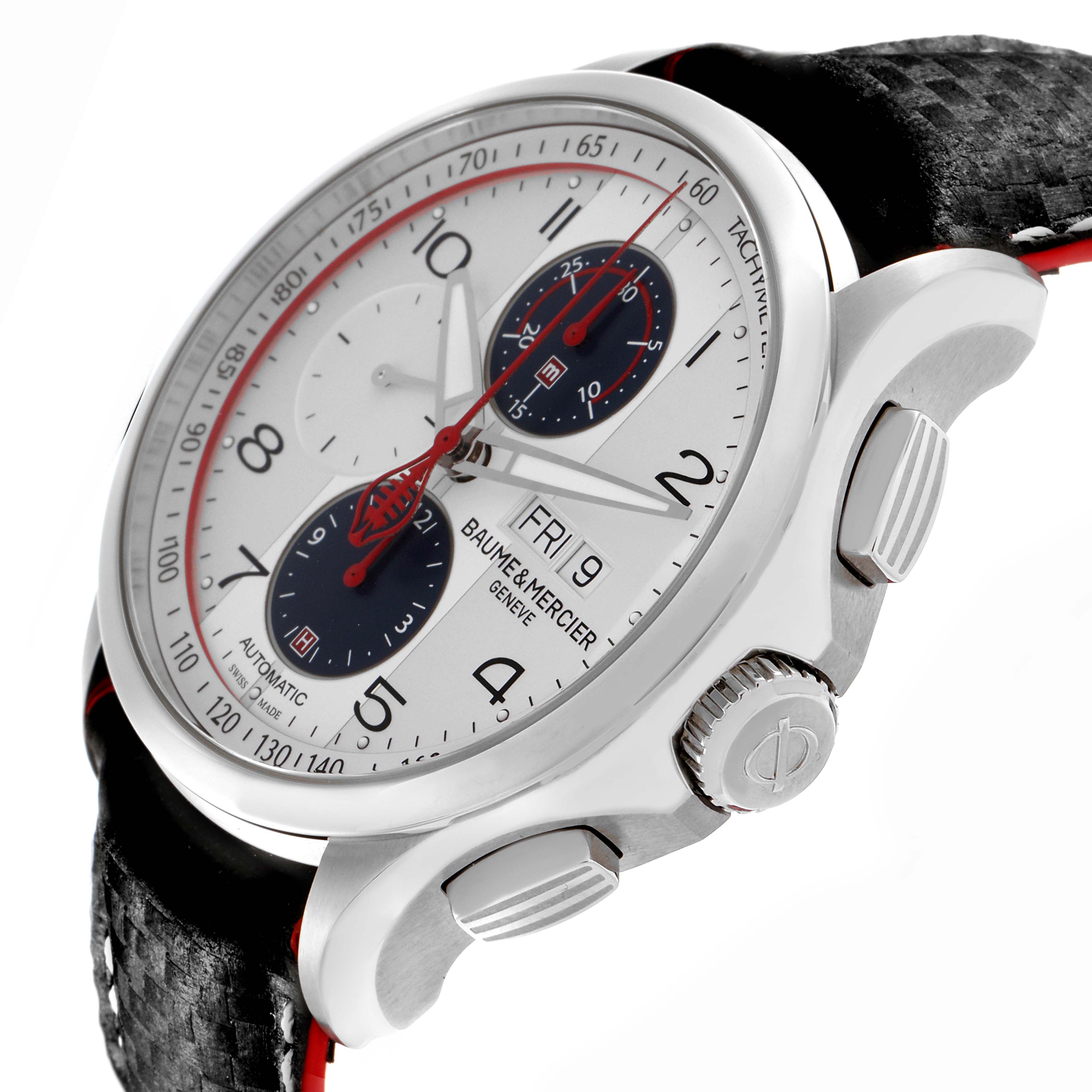 The image shows a Baume 
Mercier Clifton MOA10342 Men
s Stainless Steel Silver Dial MOA10342 Men
s Stainless Steel Silver Dial watch at an angled view, highlighting the face, crown, and push buttons.