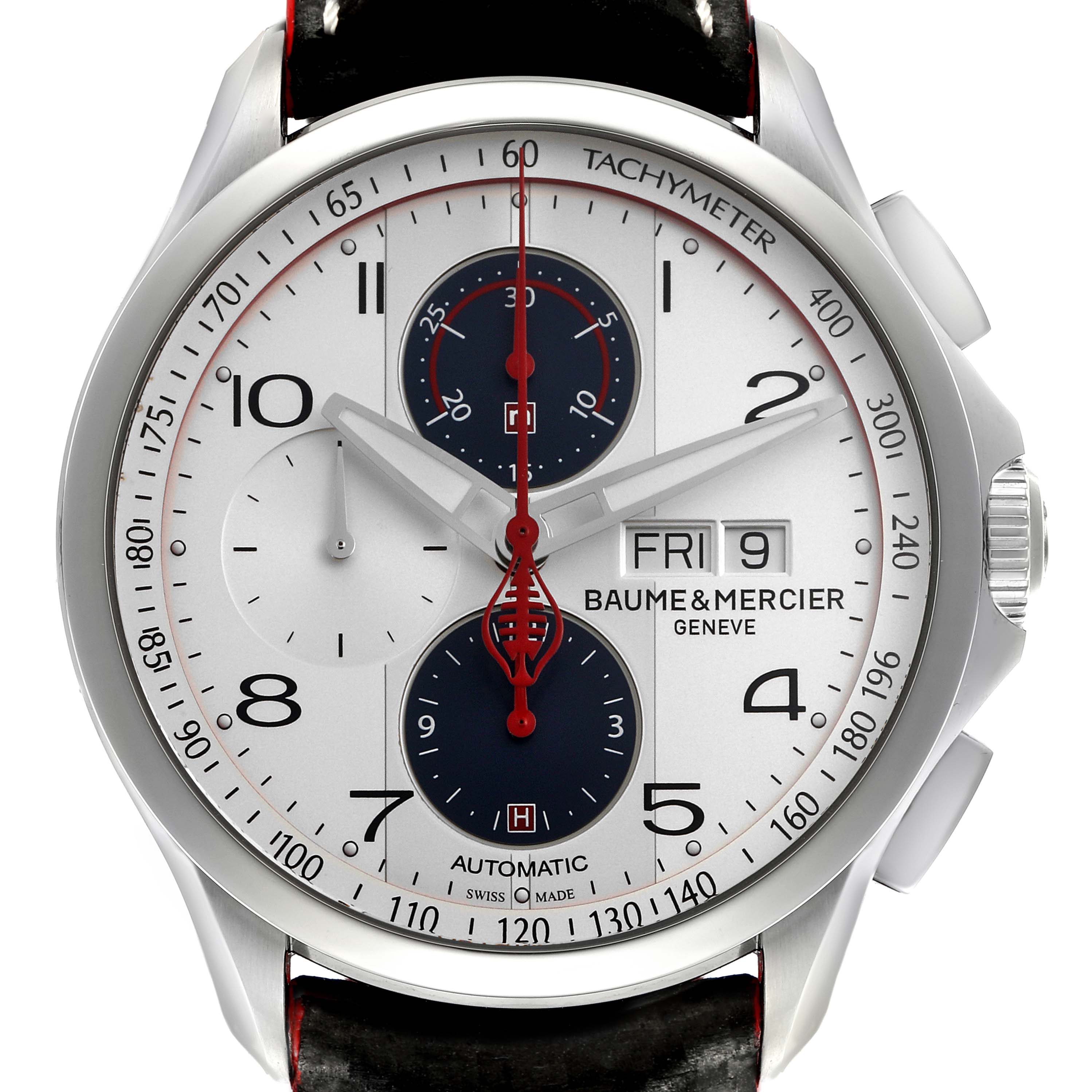 The image shows a front view of the Baume 
Mercier Clifton MOA10342 Men
s Stainless Steel Silver Dial MOA10342 Men
s Stainless Steel Silver Dial model watch, highlighting the dial, tachymeter, and chronograph subdials.