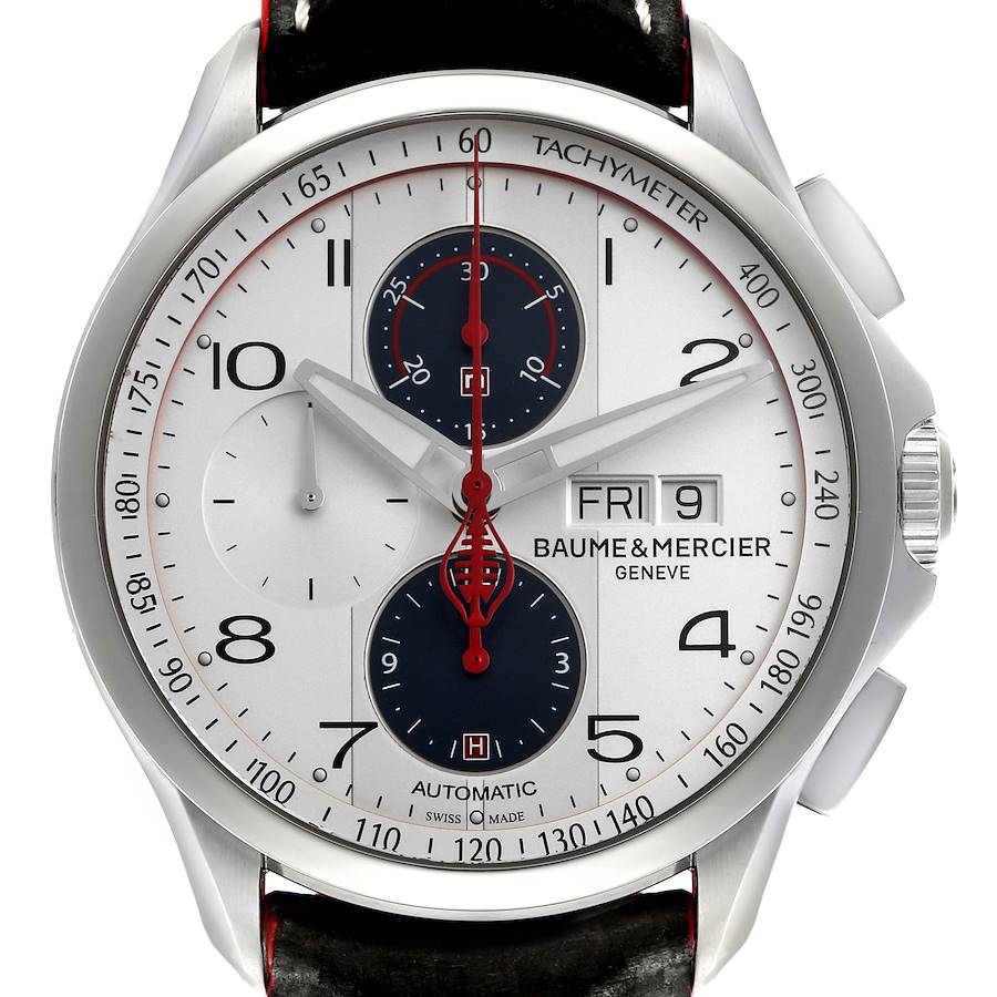 The image shows a front view of the Baume & Mercier Clifton model watch, highlighting the dial, tachymeter, and chronograph subdials.