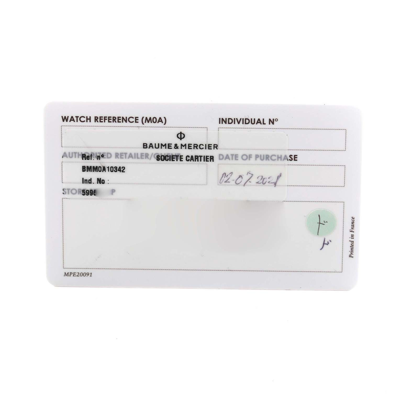 This image shows an identification card for a Baume 
Mercier Clifton MOA10342 Men
s Stainless Steel Silver Dial MOA10342 Men
s Stainless Steel Silver Dial model, including reference and purchase details.