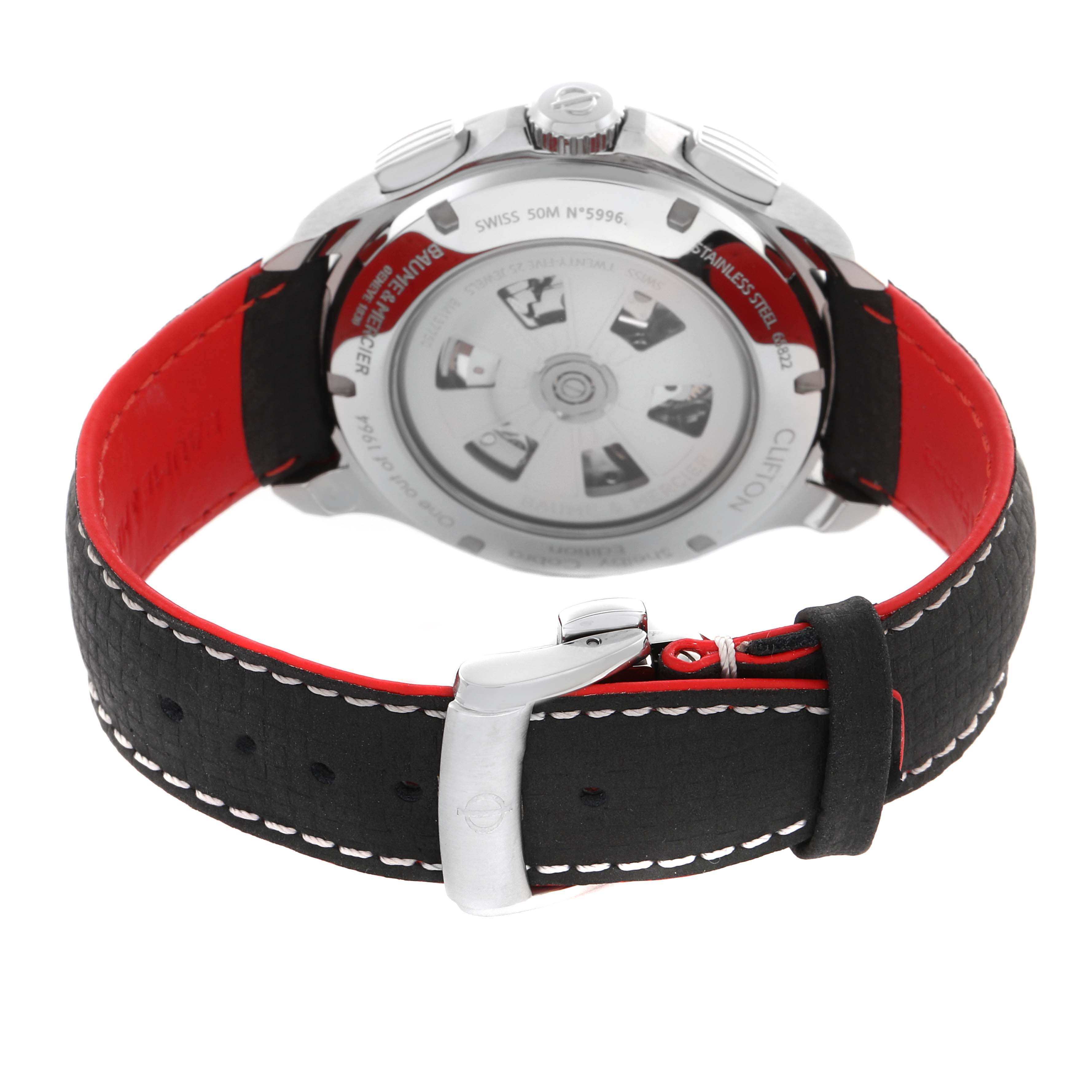 The image shows the backside of the Baume 
Mercier Clifton MOA10342 Men
s Stainless Steel Silver Dial MOA10342 Men
s Stainless Steel Silver Dial watch, highlighting the case back, buckle, and strap detail.