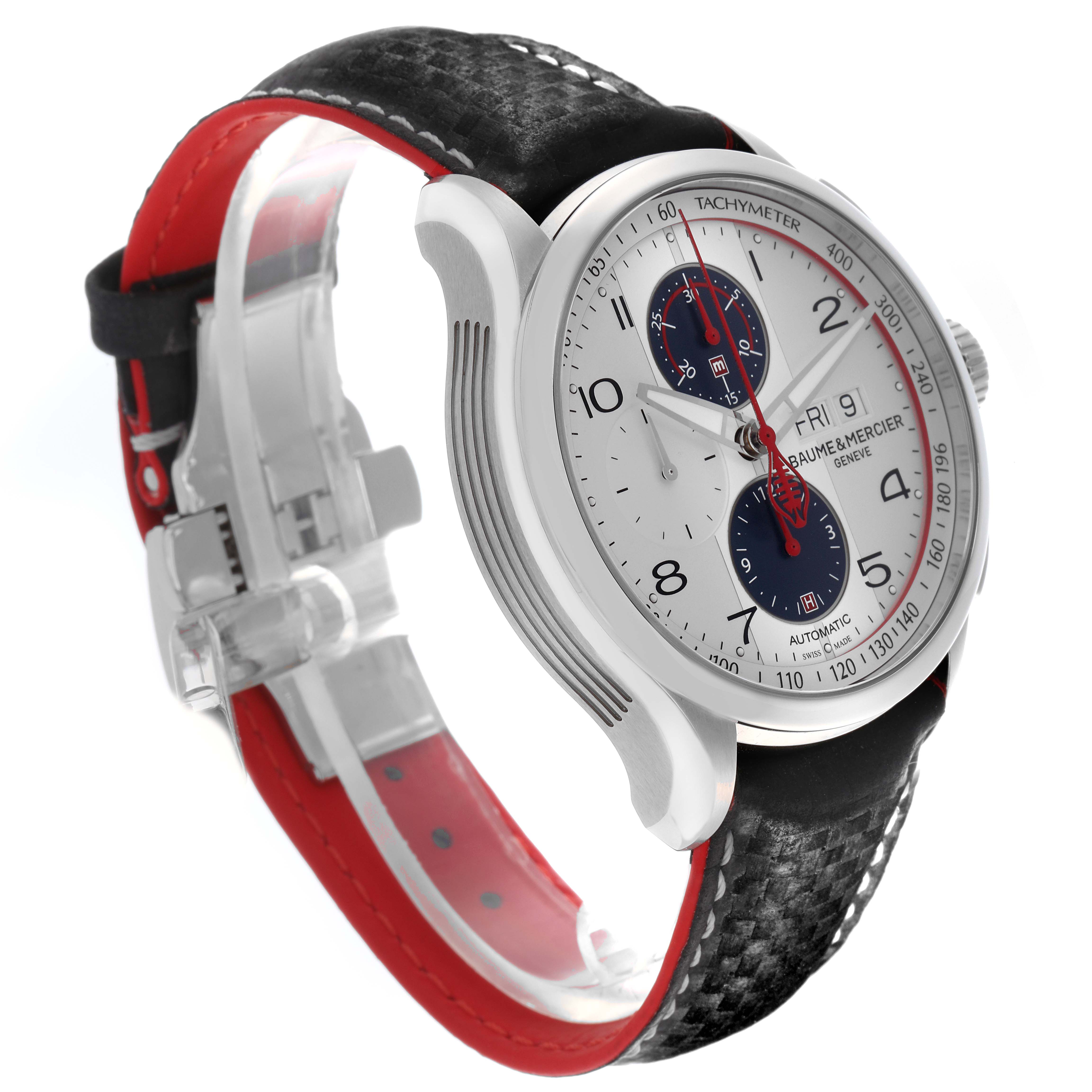 The Baume 
Mercier Clifton MOA10342 Men
s Stainless Steel Silver Dial MOA10342 Men
s Stainless Steel Silver Dial is shown at a three-quarter angle, featuring a silver dial, blue subdials, and a leather strap with a red lining.