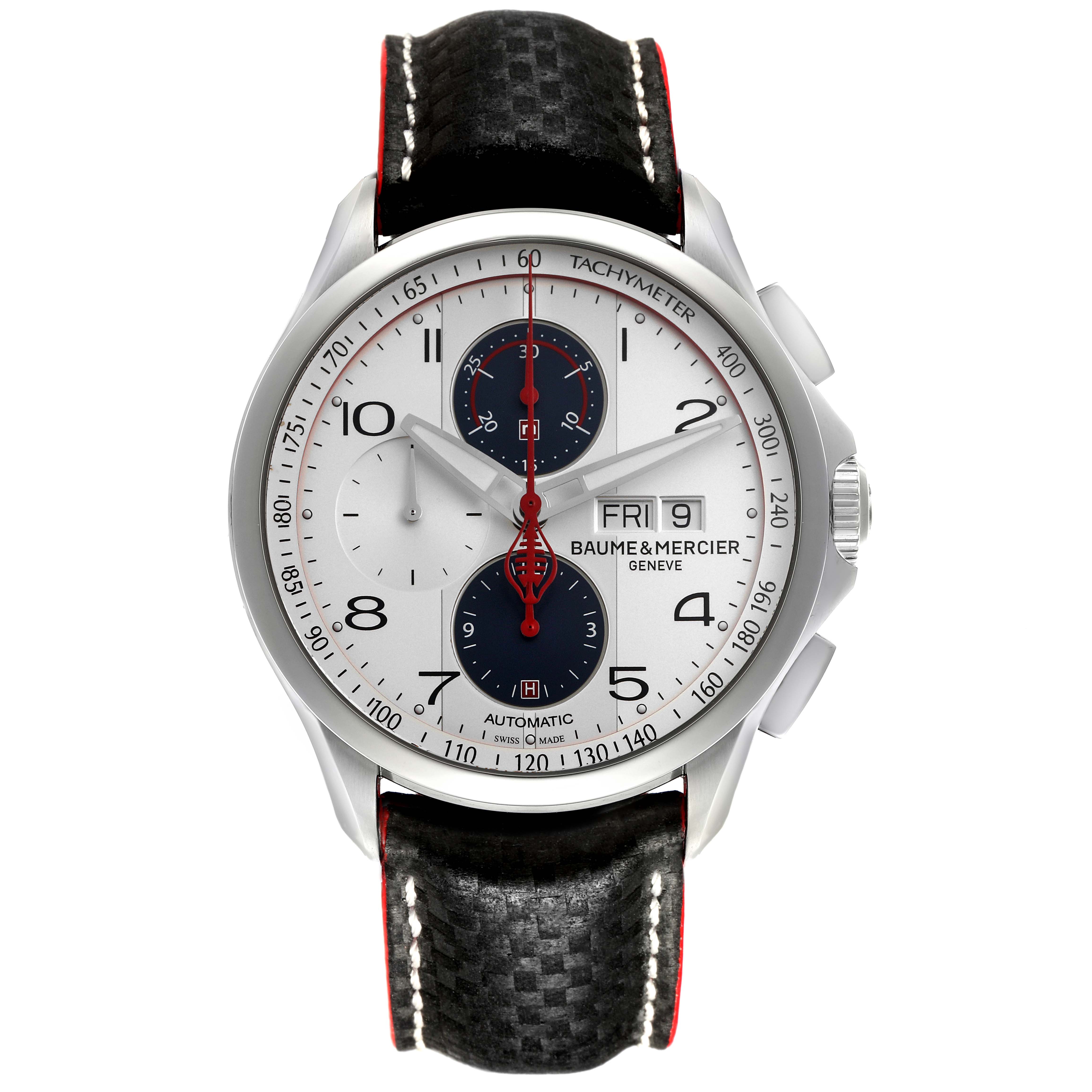 The Baume 
Mercier Clifton MOA10342 Men
s Stainless Steel Silver Dial MOA10342 Men
s Stainless Steel Silver Dial watch is shown from the front, displaying its face, dial, and leather strap.