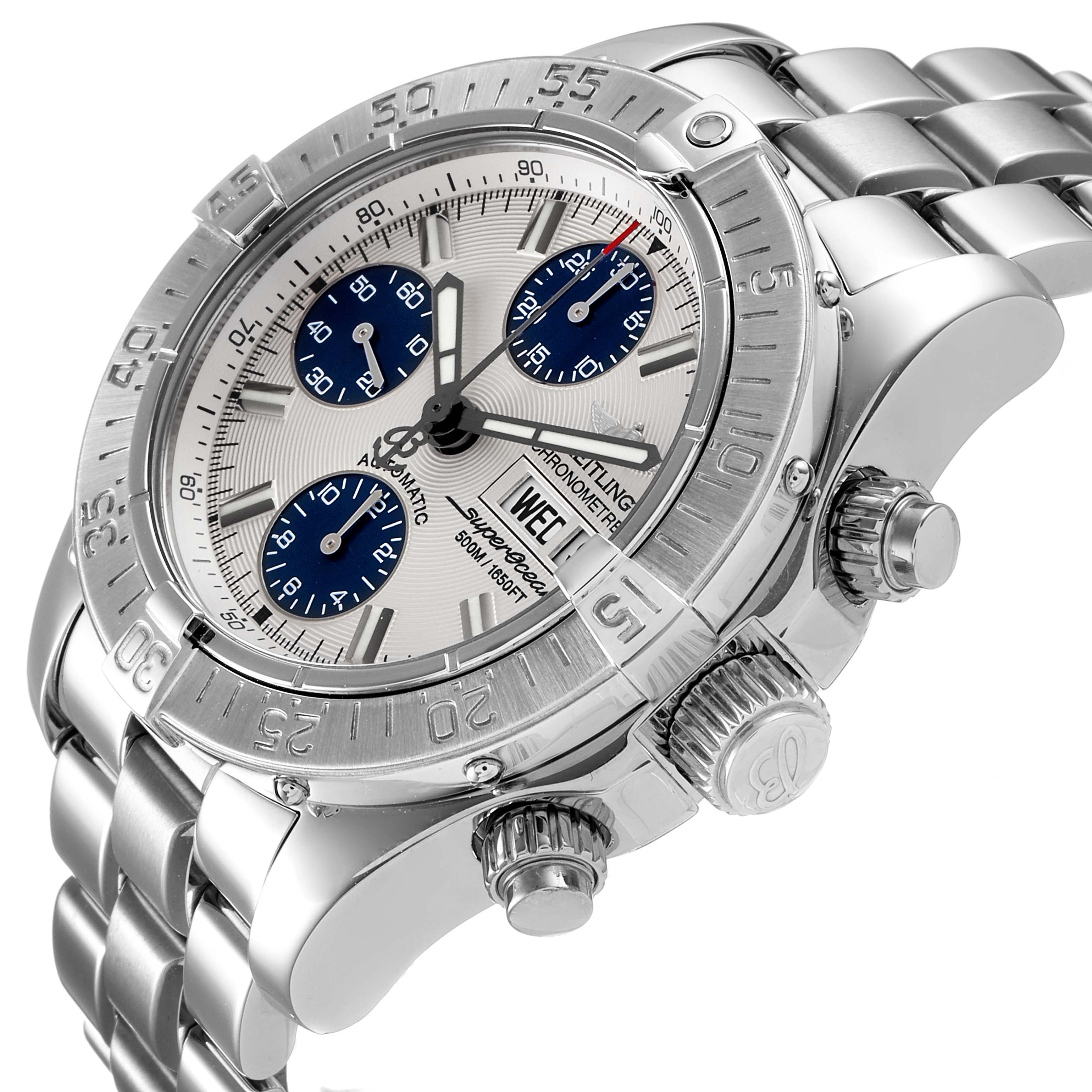 The Breitling Superocean A13340 Men's Stainless Steel Beige Dial A13340 Men's Stainless Steel Beige Dial watch is shown at a slight angle, highlighting the bezel, dial, subdials, and metal bracelet.