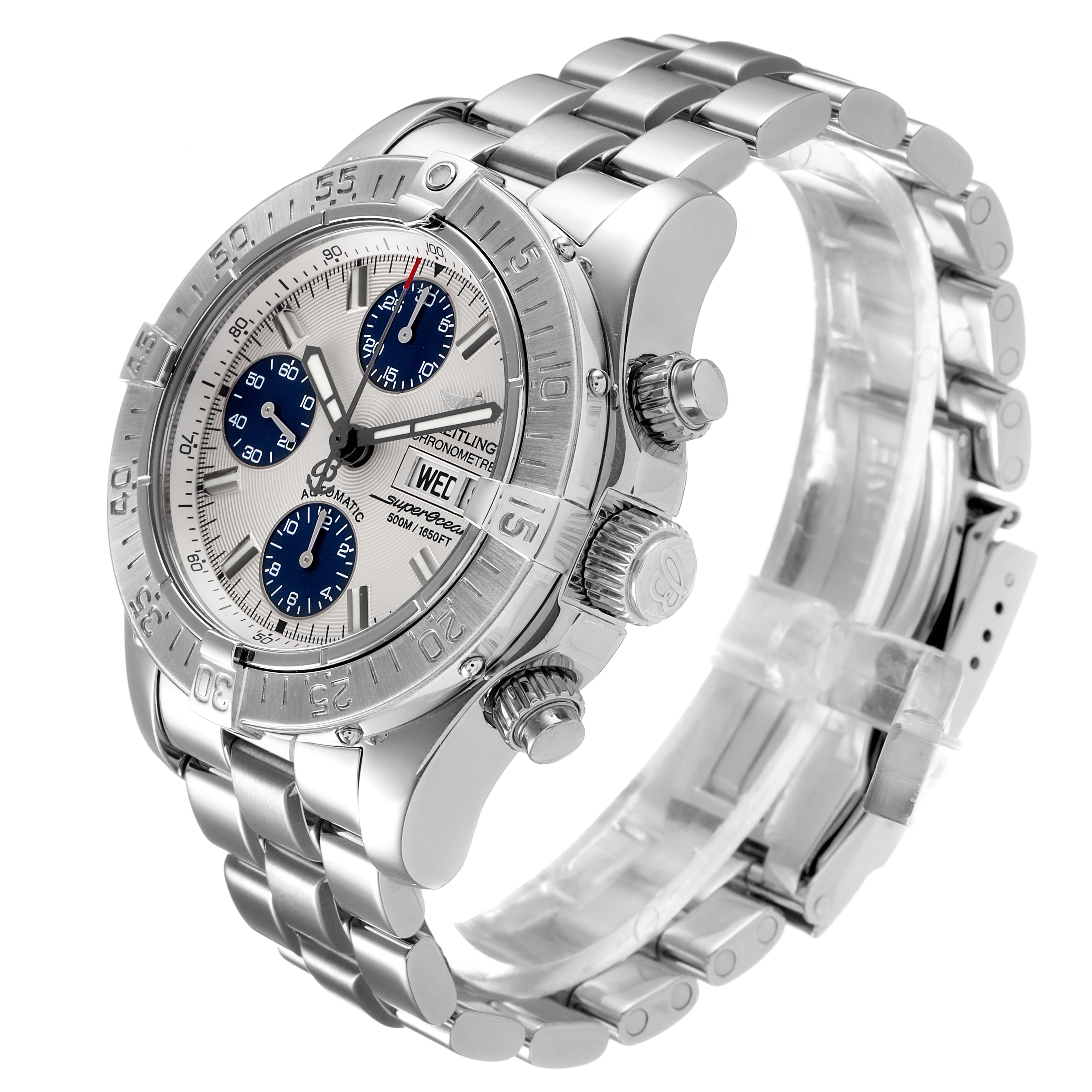 This image shows a Breitling Superocean A13340 Men's Stainless Steel Beige Dial A13340 Men's Stainless Steel Beige Dial watch at a 3/4 angle highlighting the face, bezel, and metal bracelet.