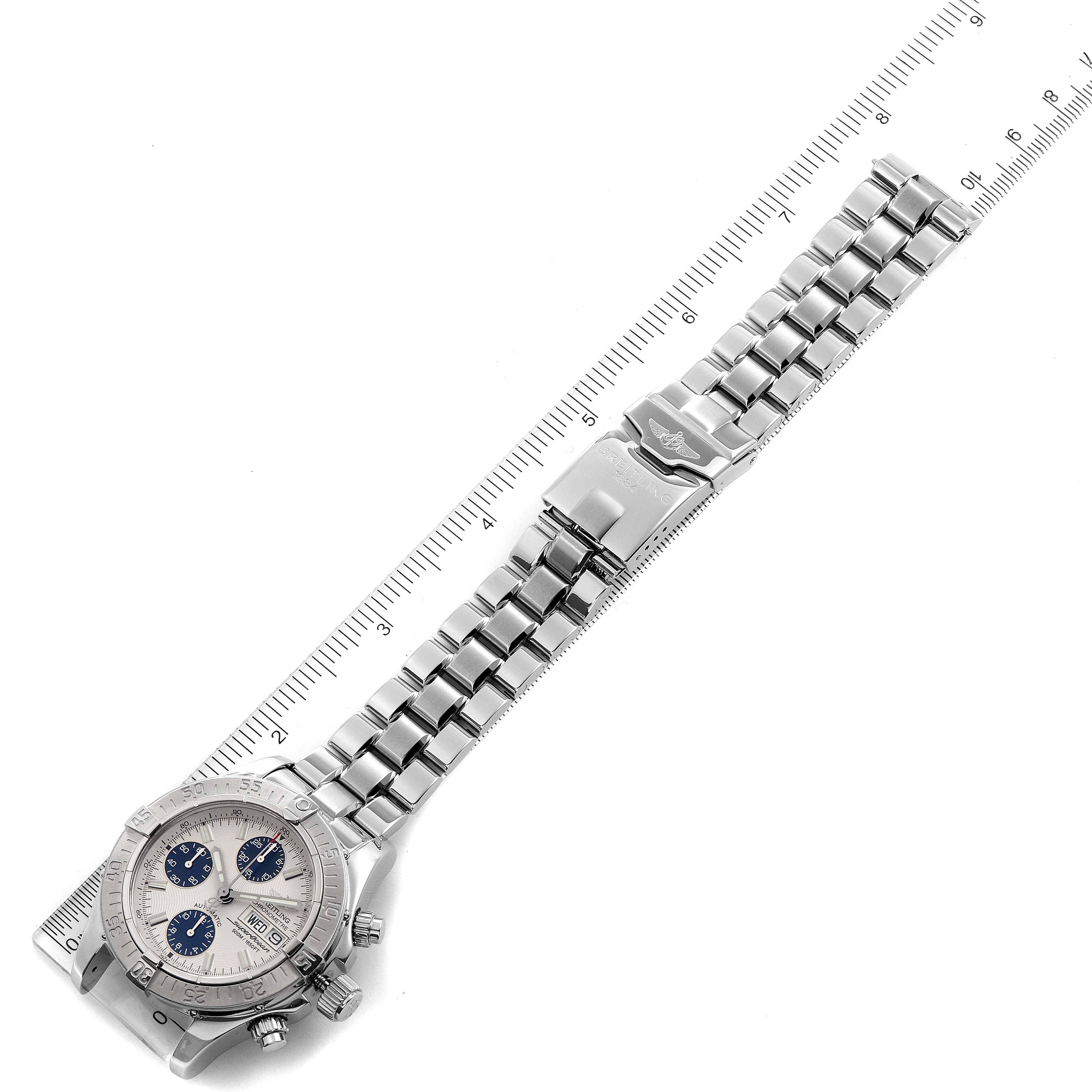 The image shows a Breitling Superocean A13340 Men's Stainless Steel Beige Dial A13340 Men's Stainless Steel Beige Dial watch laid flat with a stainless steel bracelet and a ruler for size reference.