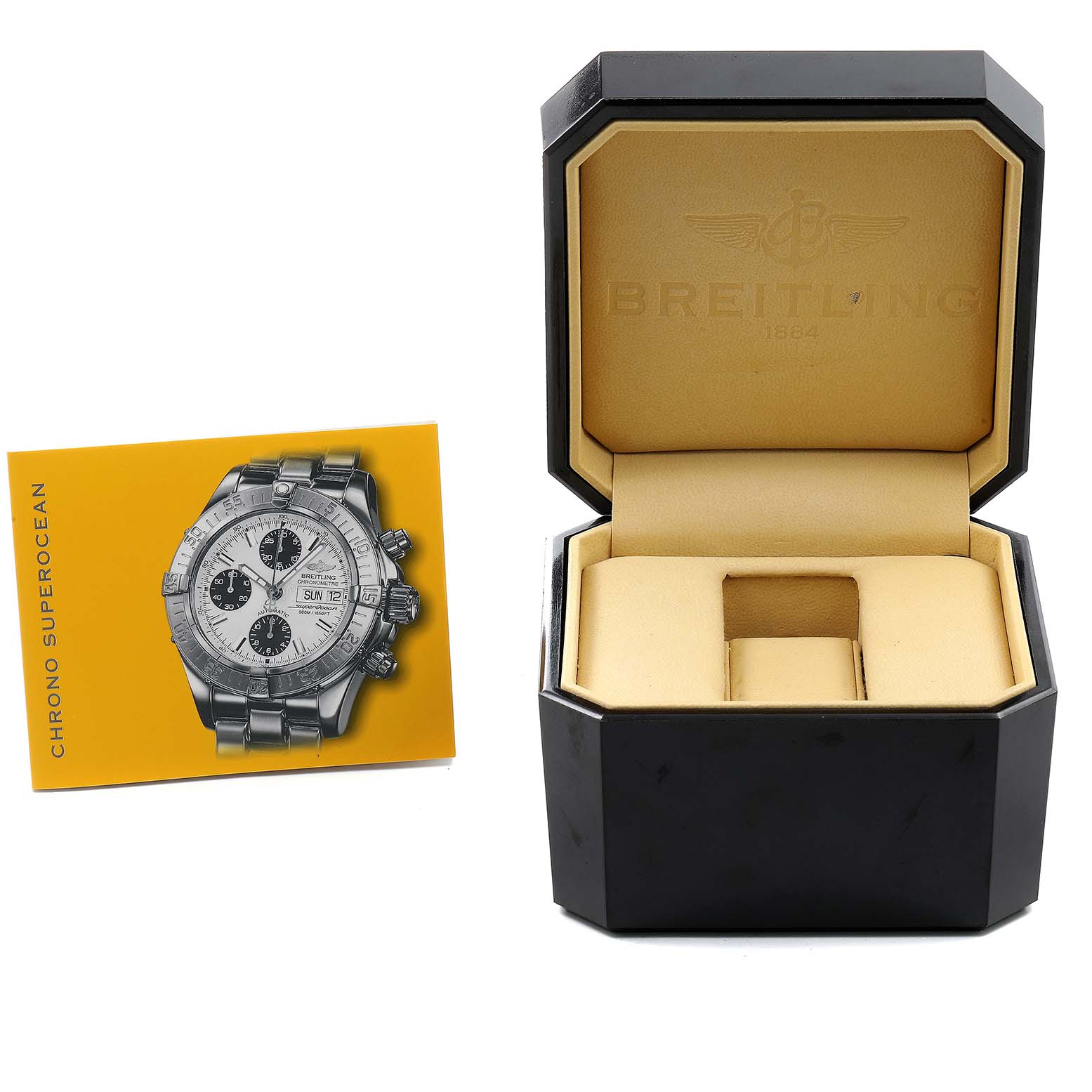 The image shows the instruction manual and the open box of the Breitling Superocean A13340 Men's Stainless Steel Beige Dial A13340 Men's Stainless Steel Beige Dial model watch.