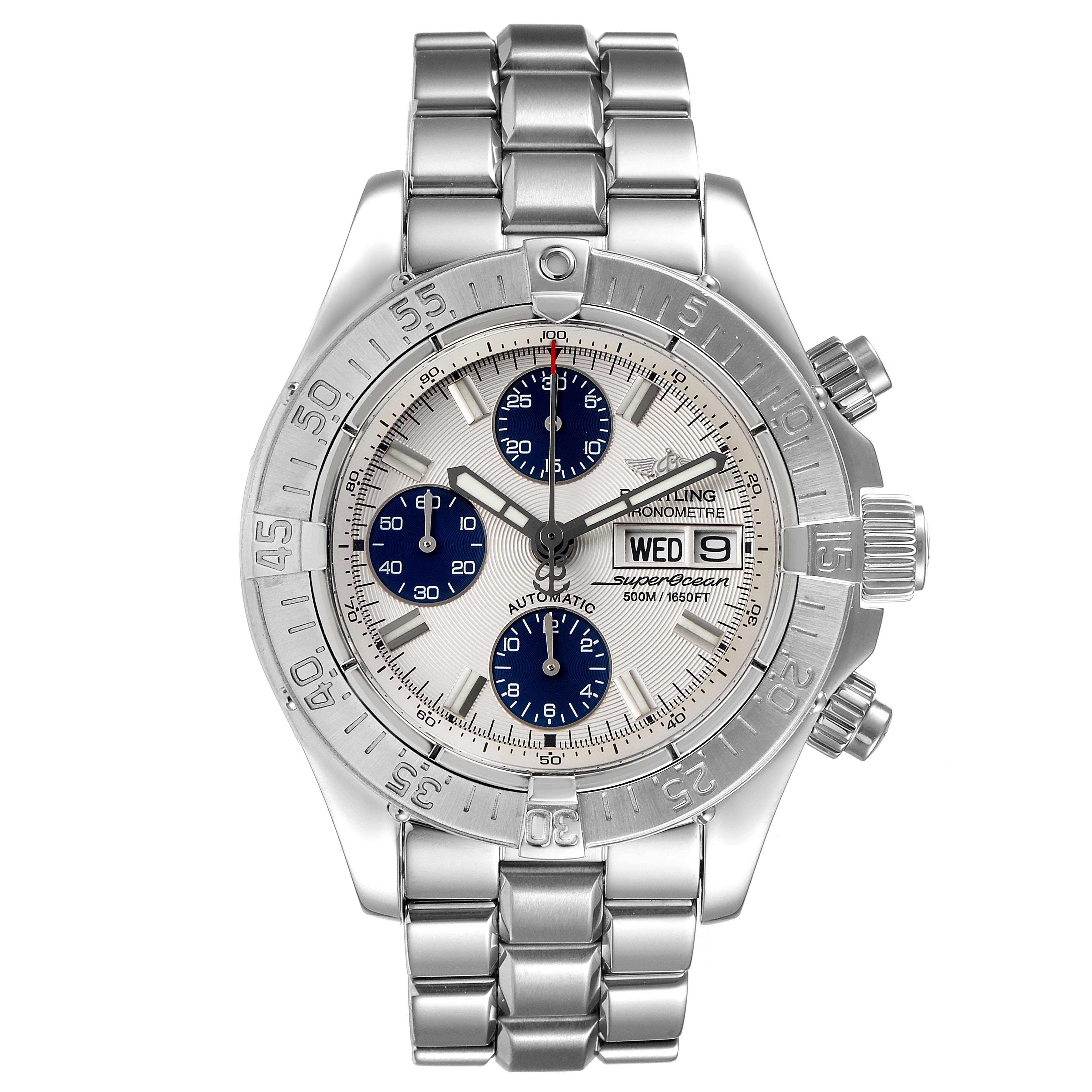 The image shows a frontal view of a Breitling Superocean A13340 Men's Stainless Steel Beige Dial A13340 Men's Stainless Steel Beige Dial watch, including its dial, bezel, pushers, and metal bracelet.