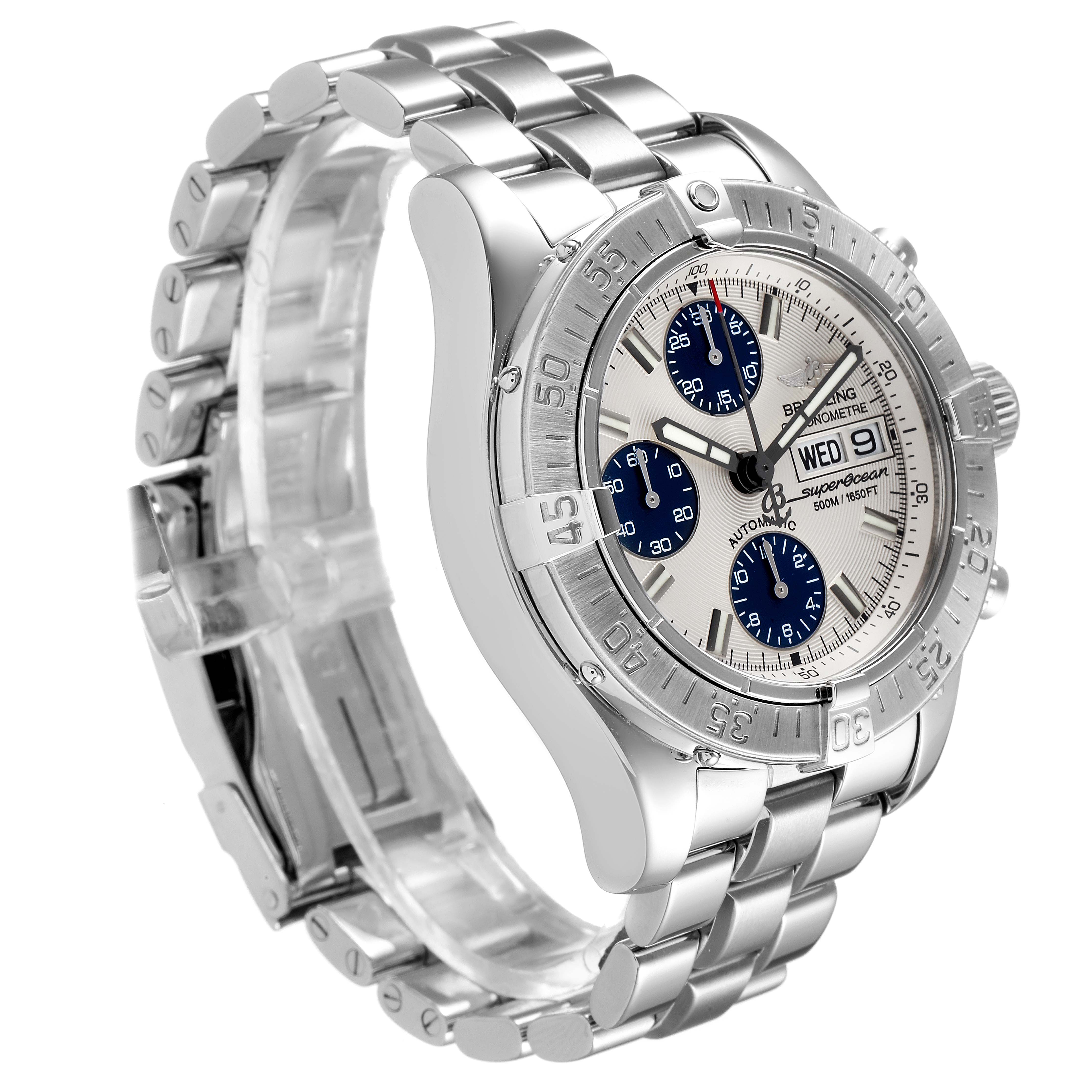 The image shows a Breitling Superocean A13340 Men's Stainless Steel Beige Dial A13340 Men's Stainless Steel Beige Dial watch at a three-quarter angle, highlighting its metal bracelet, bezel, and dial with three subdials.