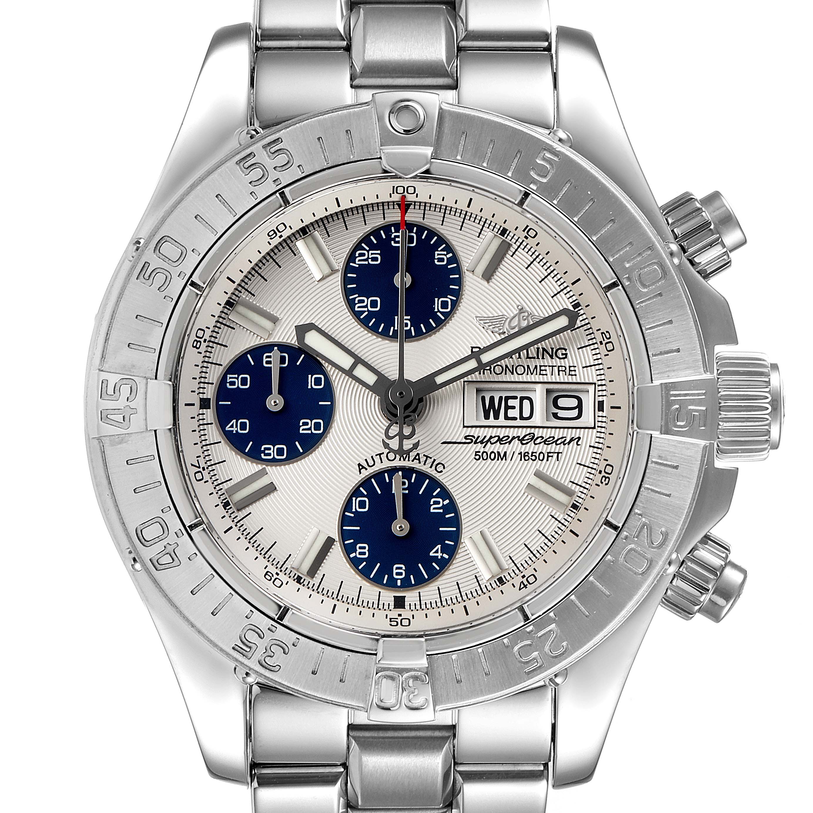 This image shows a front view of the Breitling Superocean A13340 Men's Stainless Steel Beige Dial A13340 Men's Stainless Steel Beige Dial watch highlighting its dial, bezel, and metal bracelet.