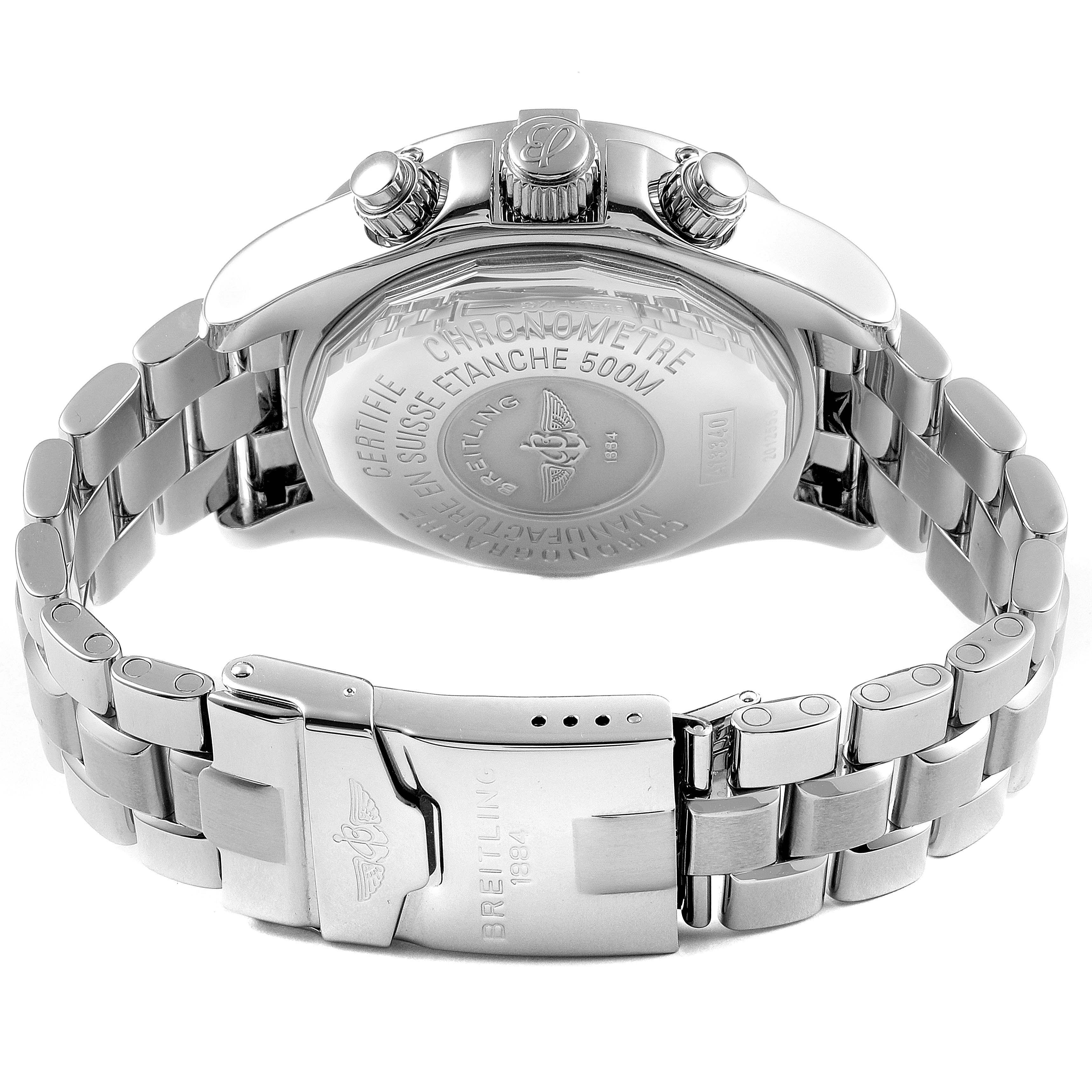 The image shows the back case, crown, and bracelet of a Breitling Superocean A13340 Men's Stainless Steel Beige Dial A13340 Men's Stainless Steel Beige Dial watch from a rear angle.