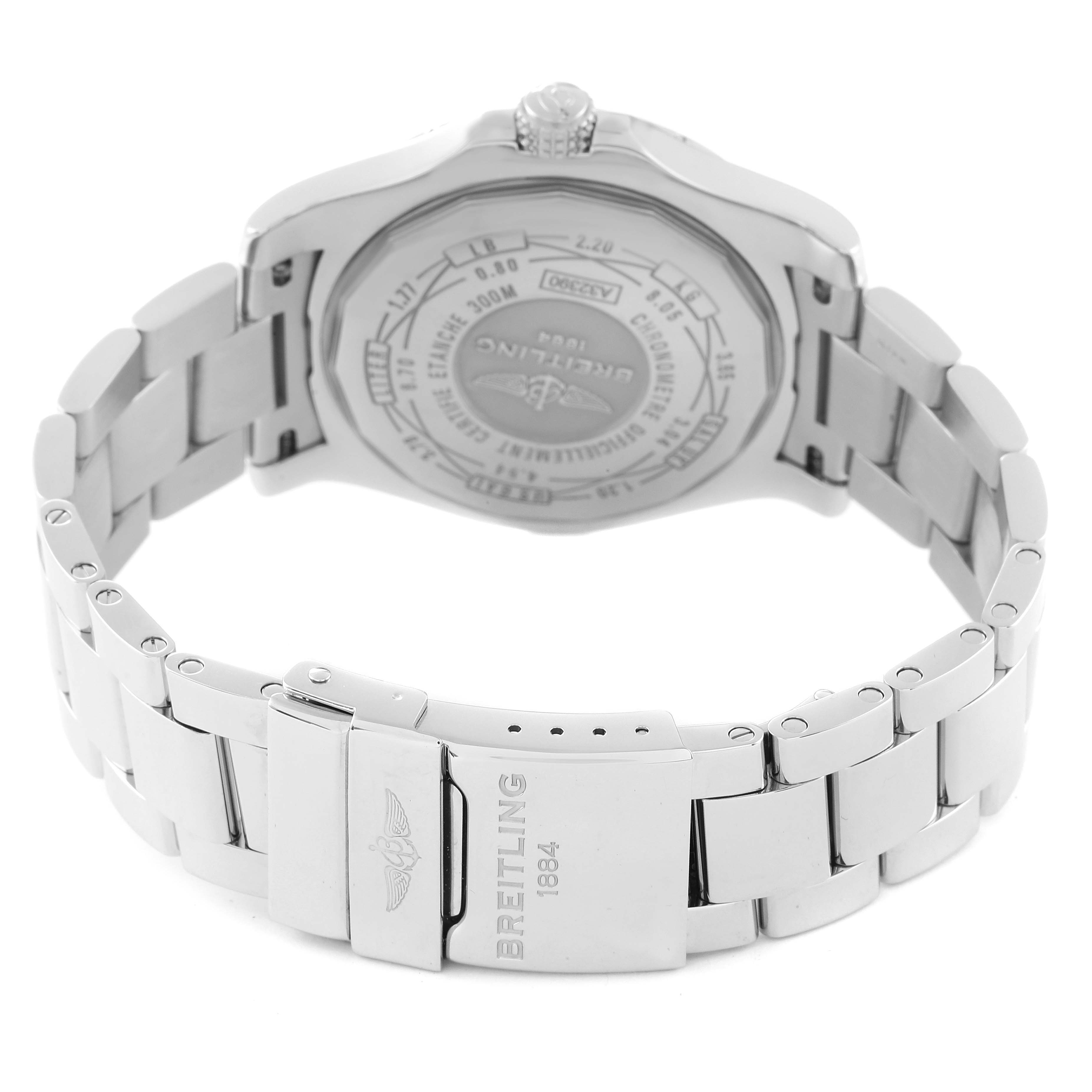 The image shows the back and clasp of a Breitling Avenger A3239011/C930 Men's Stainless Steel Mother of Pearl Dial A3239011/C930 Men's Stainless Steel Mother of Pearl Dial watch, highlighting its stainless steel bracelet and engraved case back.