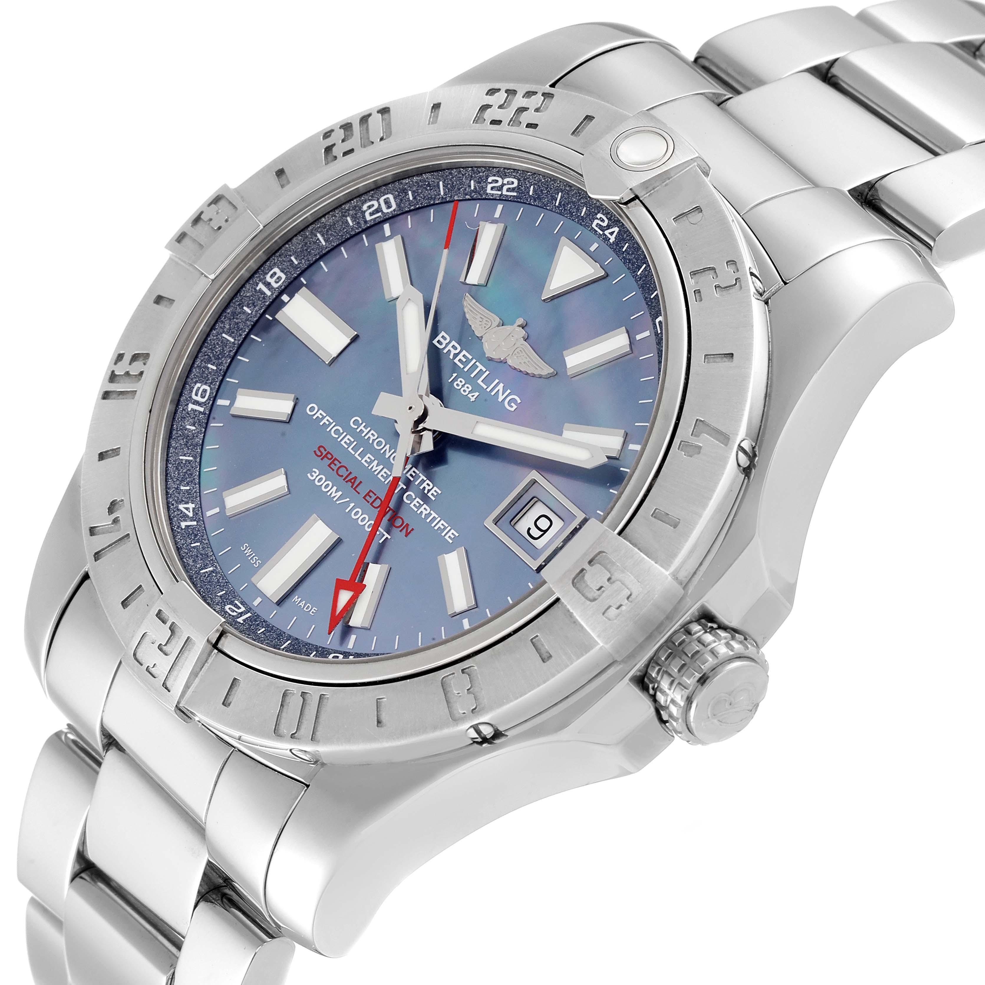 This image shows a Breitling Avenger A3239011/C930 Men's Stainless Steel Mother of Pearl Dial A3239011/C930 Men's Stainless Steel Mother of Pearl Dial watch angled slightly from the front, displaying the face, bezel, bracelet, and crown.