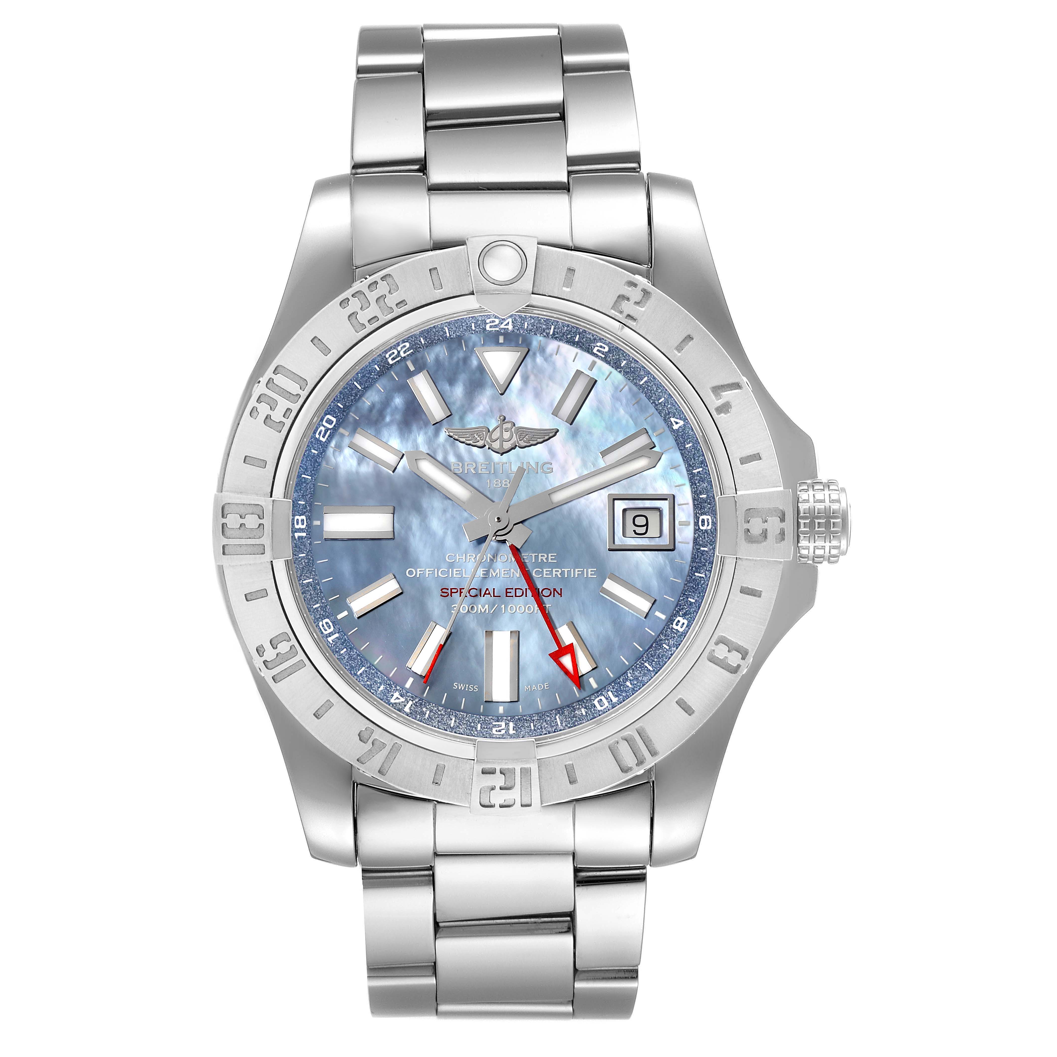 This image shows a front view of a Breitling Avenger A3239011/C930 Men's Stainless Steel Mother of Pearl Dial A3239011/C930 Men's Stainless Steel Mother of Pearl Dial watch, highlighting its bezel, dial, hands, date window, and bracelet.
