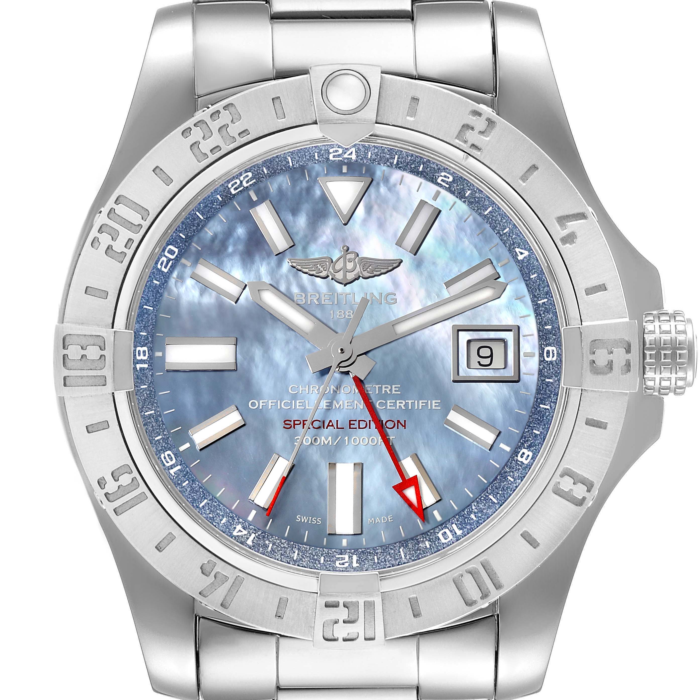 The image shows a front view of the Breitling Avenger A3239011/C930 Men's Stainless Steel Mother of Pearl Dial A3239011/C930 Men's Stainless Steel Mother of Pearl Dial watch, highlighting its dial, bezel, and bracelet.